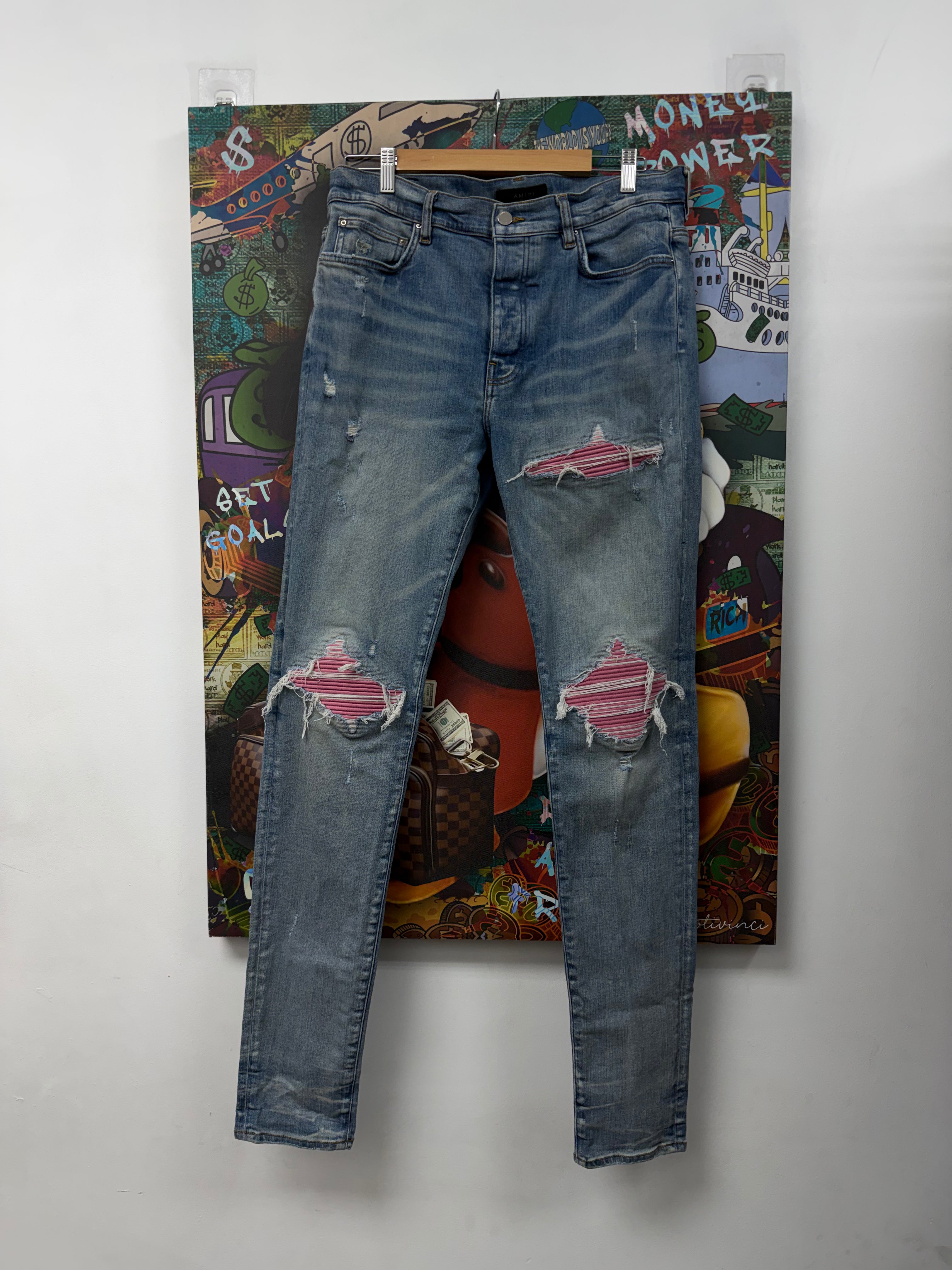 Amiri MX1 Light Wash Pink Ultra Suede Patch Jeans