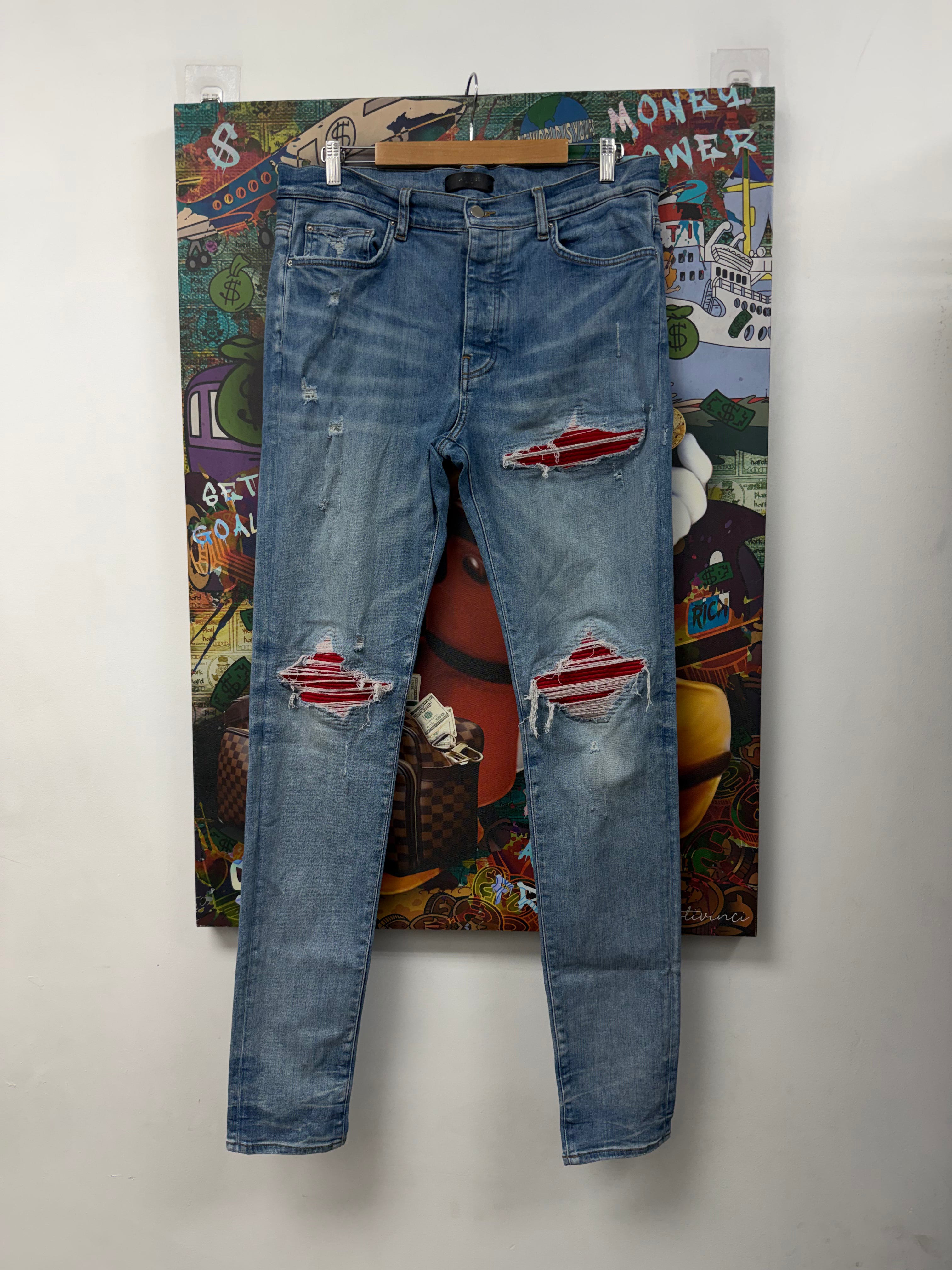 Amiri MX1 Light Wash Red Ultra Suede Patch Jeans