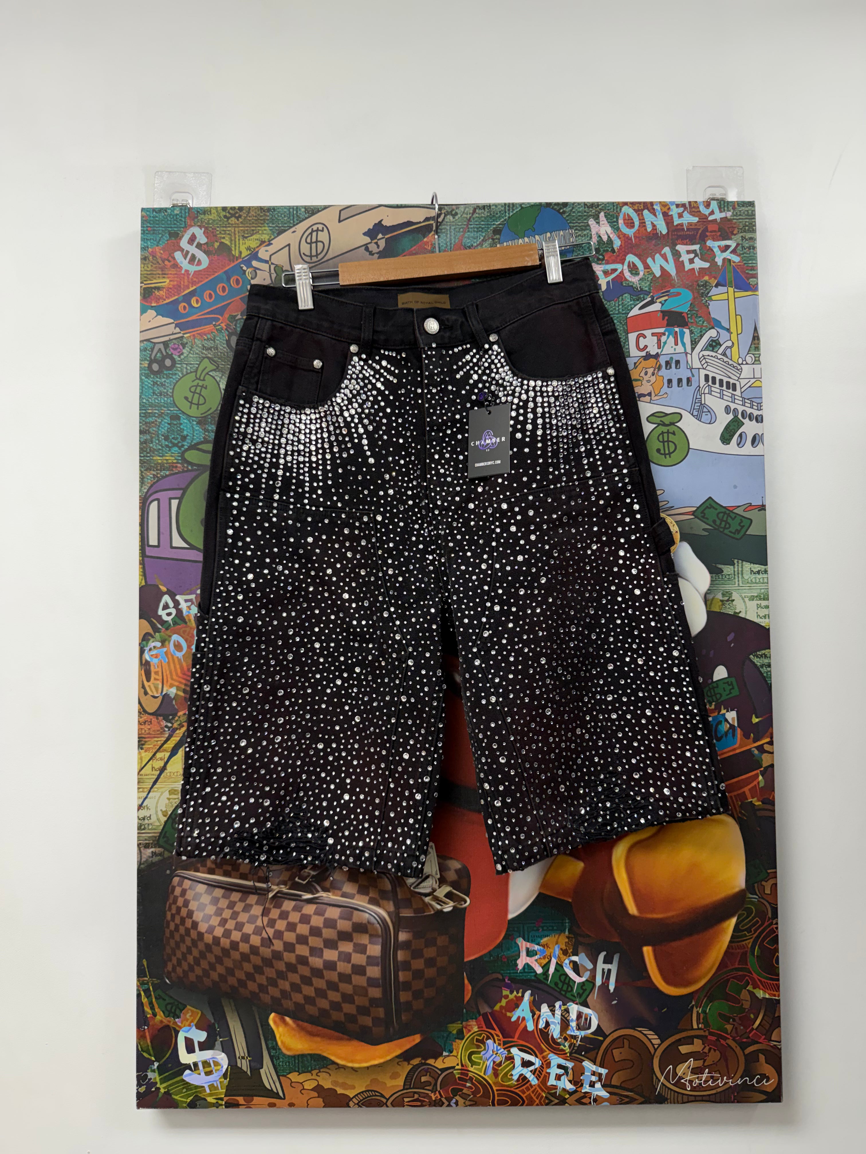 Birth Of A Royal Child Black Rhinestone Shorts
