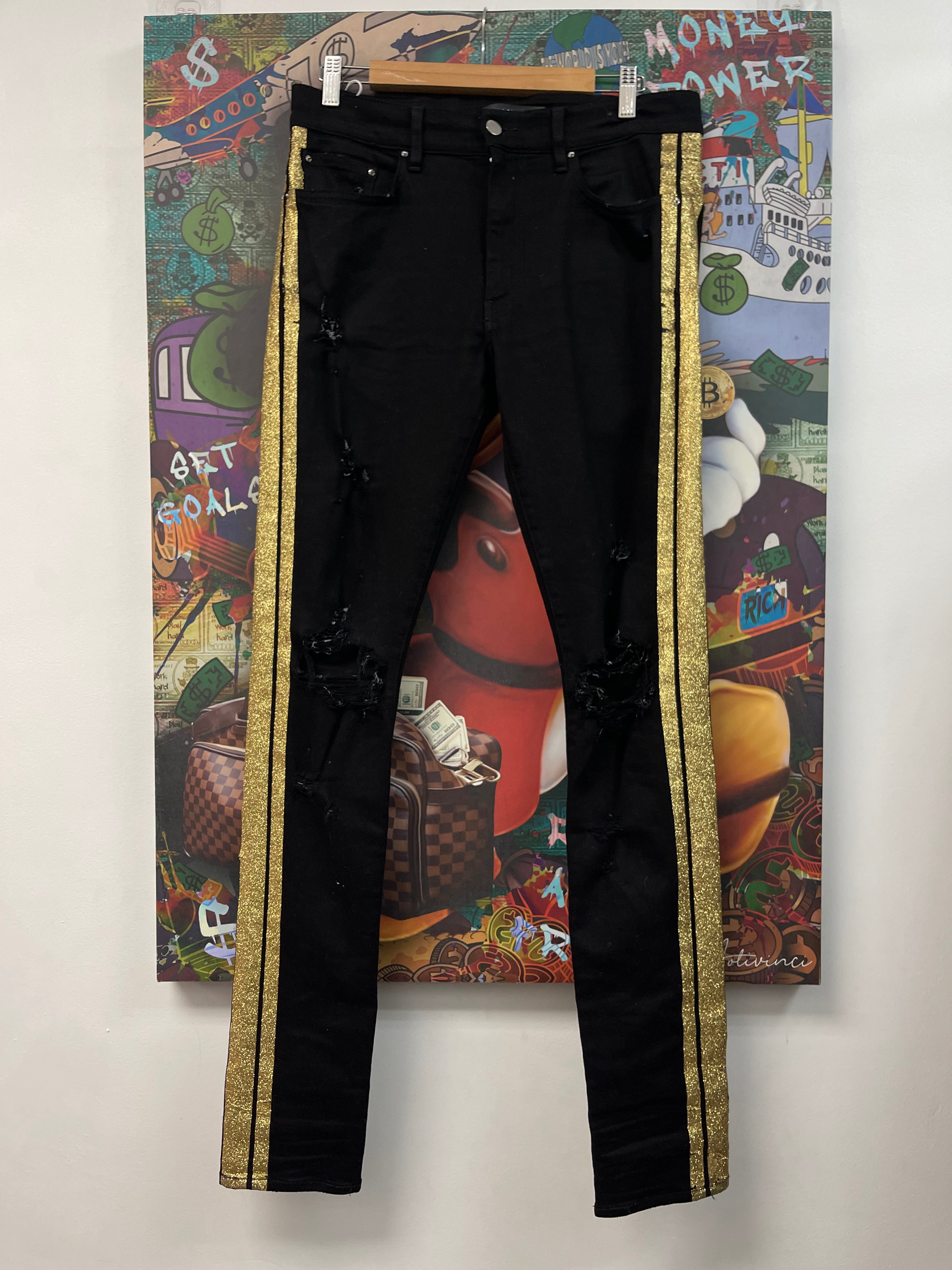 Amiri Jeans Black Gold Glitter Stripe Used 32 N/A