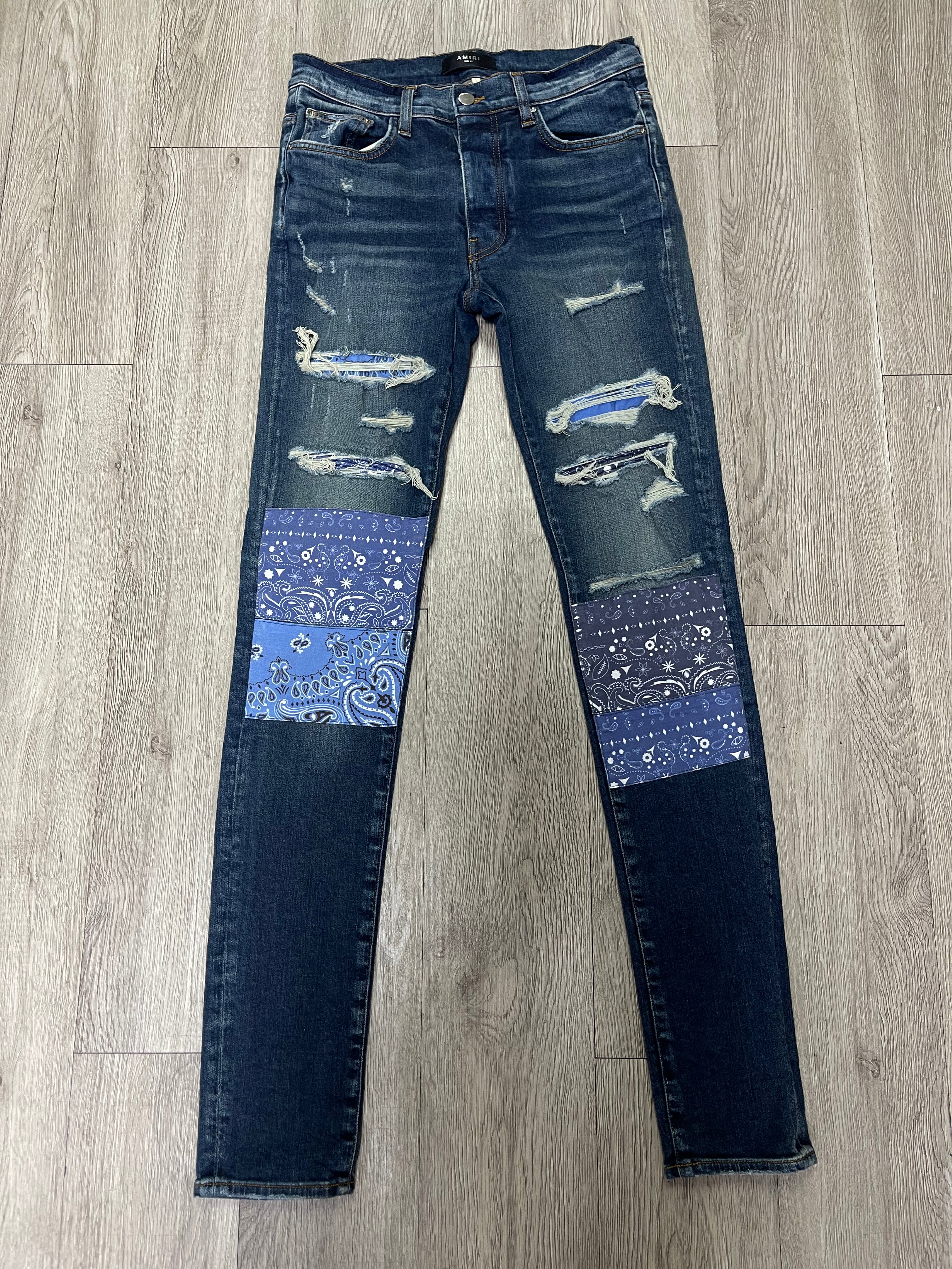 Amiri Deep Classic Blue Paisley Patchwork Jeans