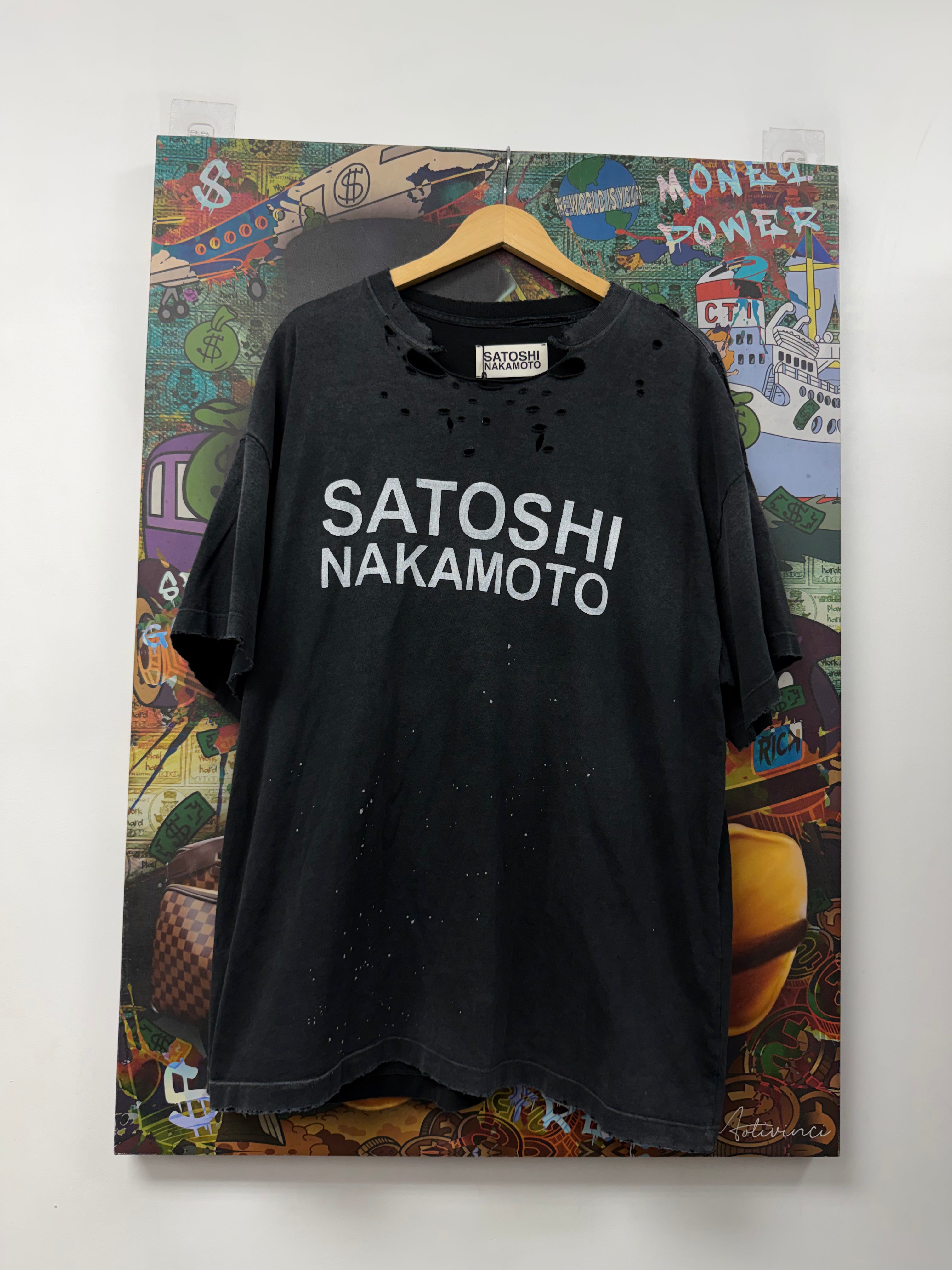 Satoshi Nakamoto Black White Paint Splatter Diestressed Tee