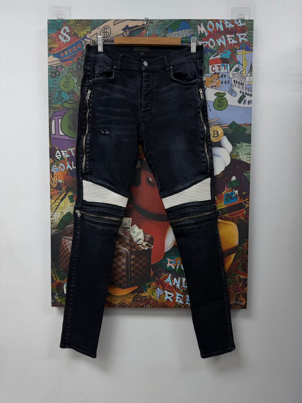 Amiri MX2 Black Wash White Leather Patch Jeans