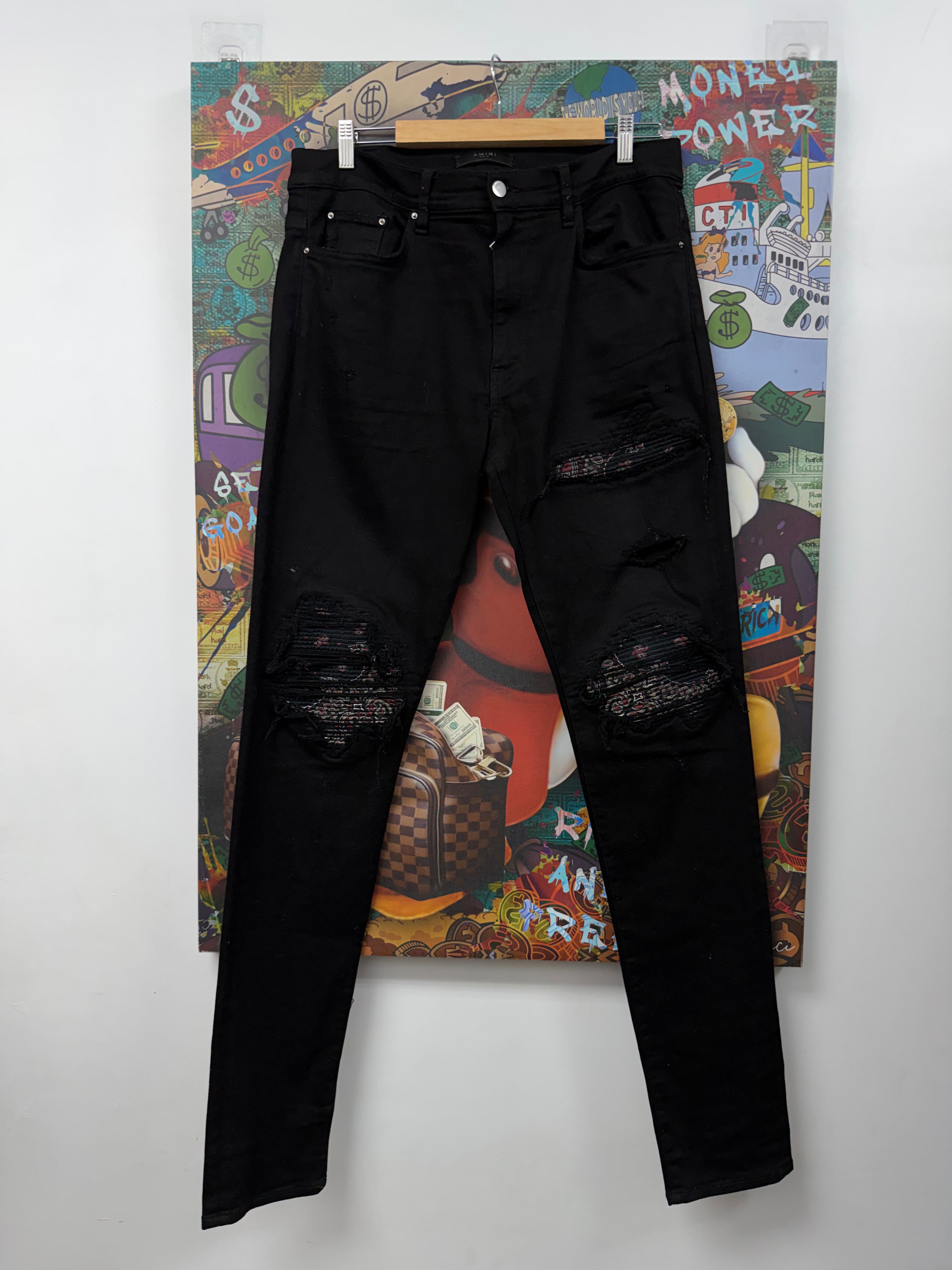 Amiri MX1 Black Red Paisley Patch Jeans