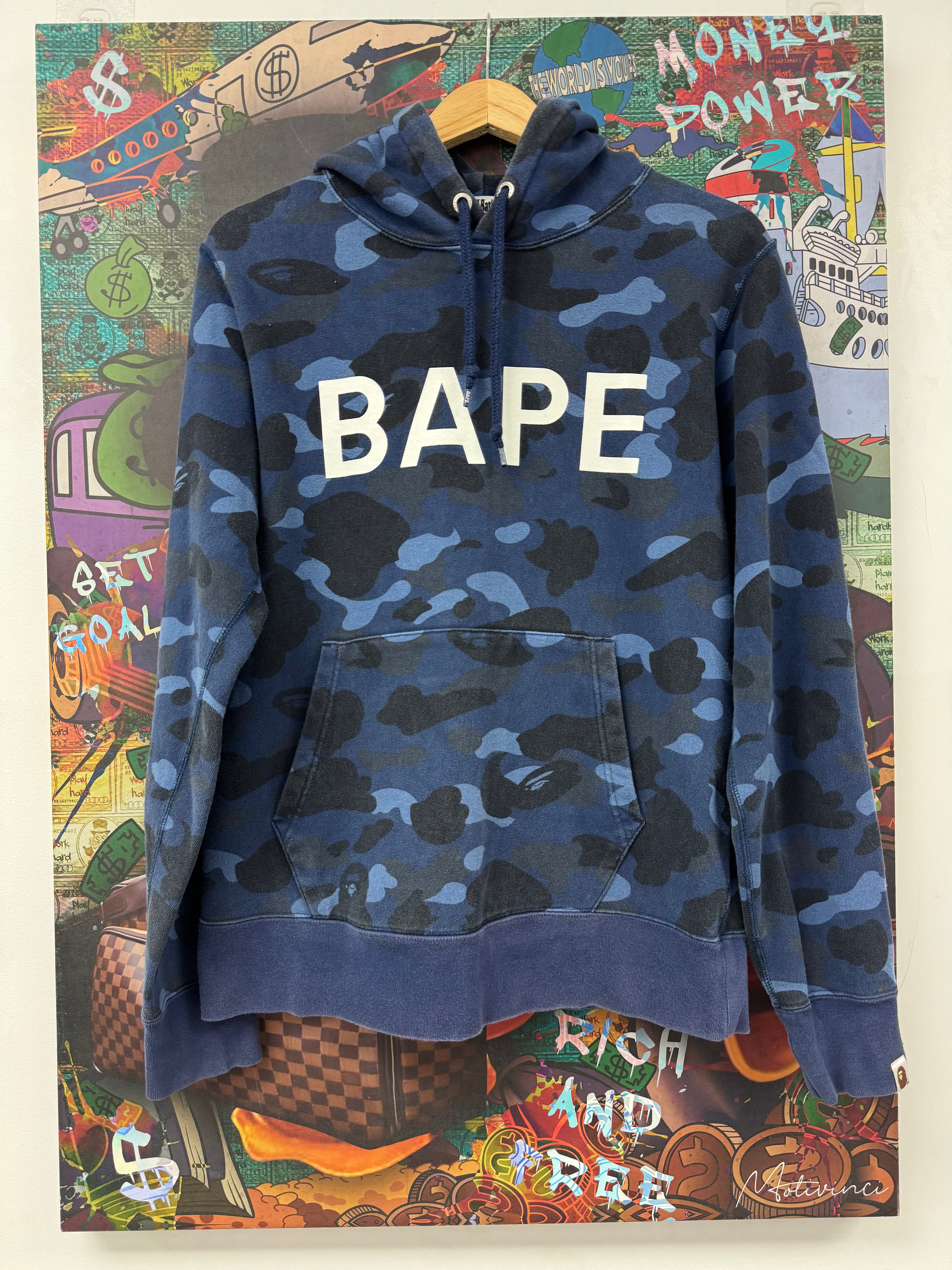 BAPE Hoodie Blue Camo Chest Logo Used Large N/A