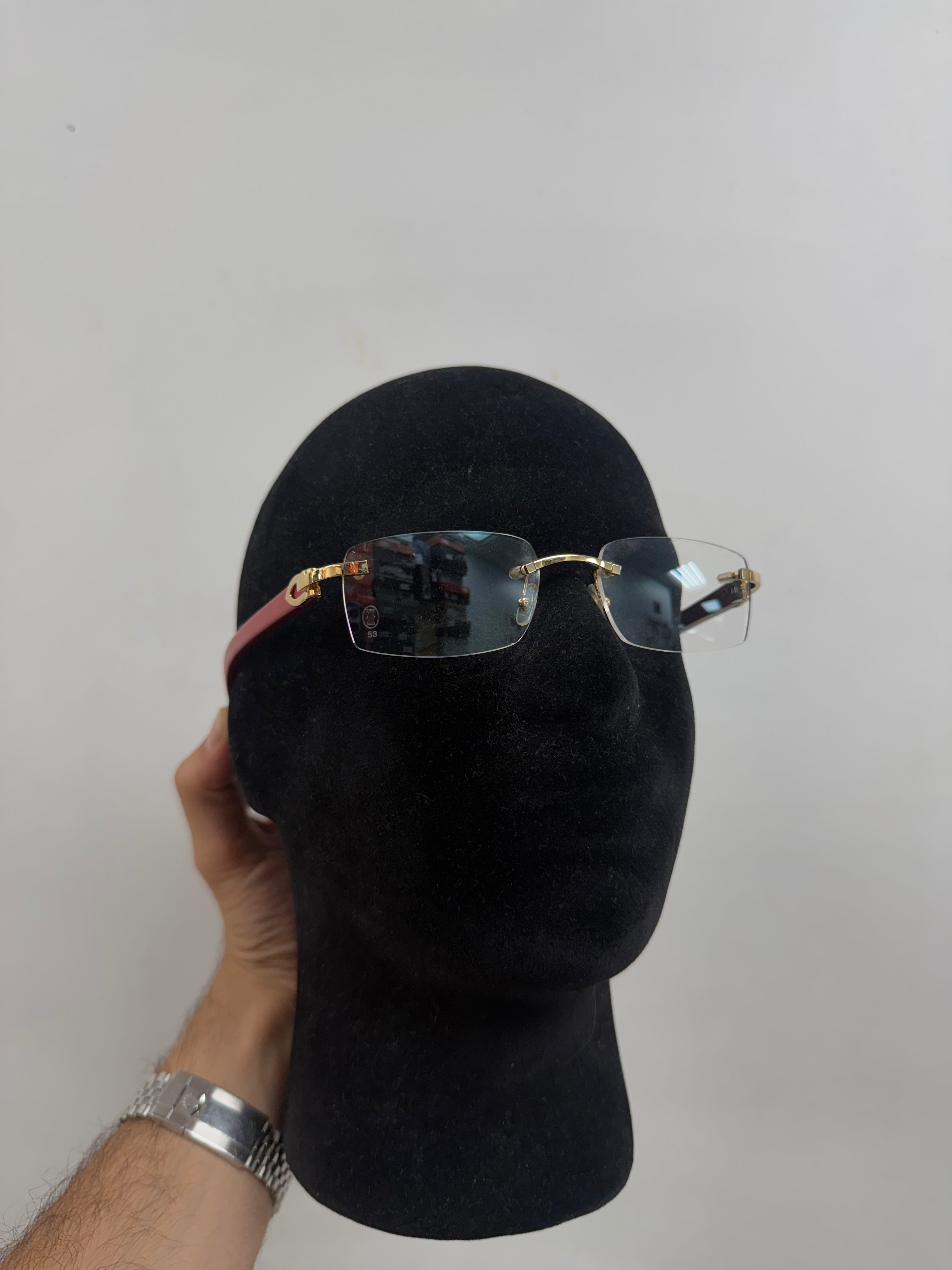 Cartier Red Cherry Wood Clear Gold C Wire Glasses