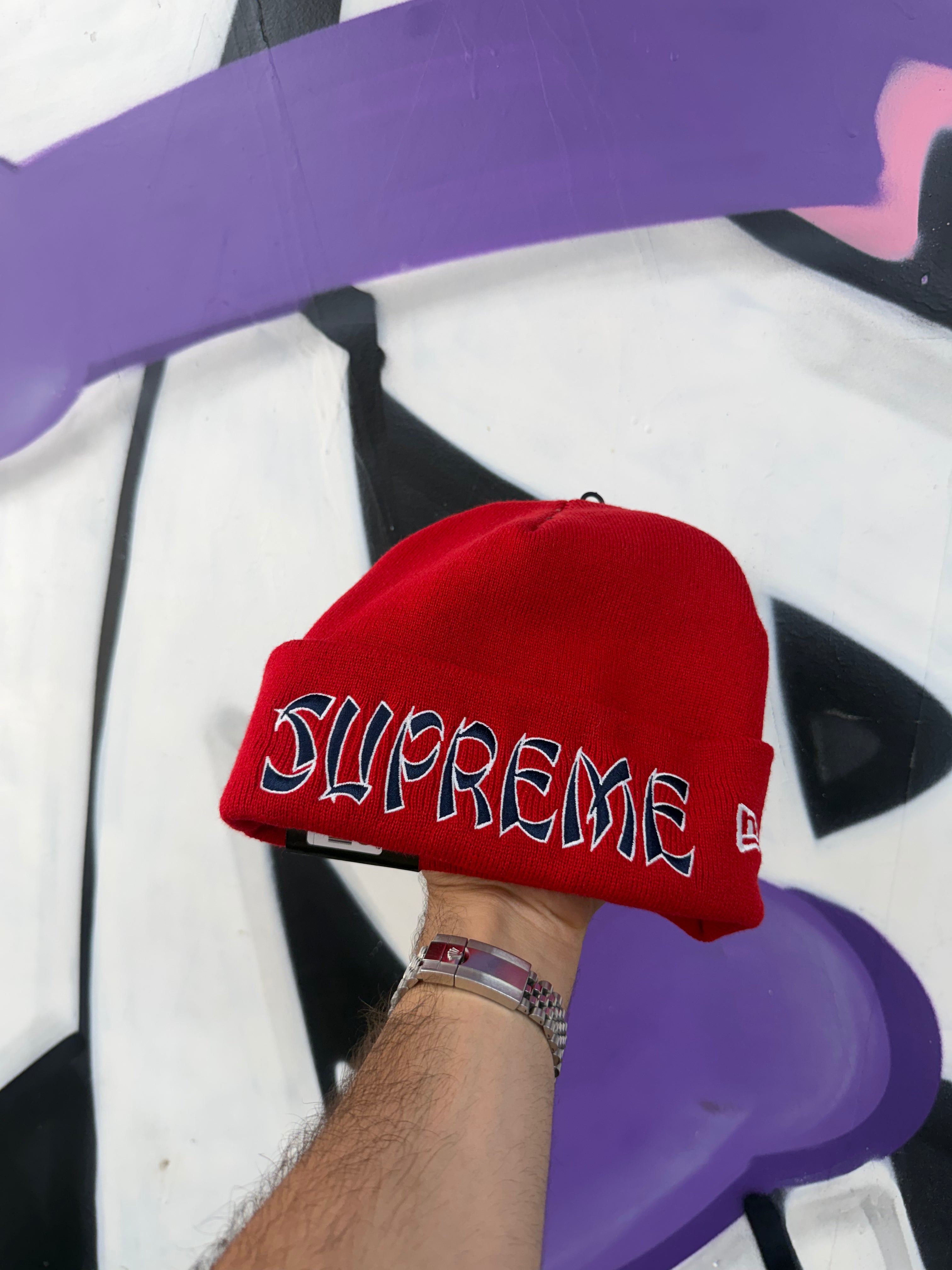 Supreme Red Navy Script Beanie