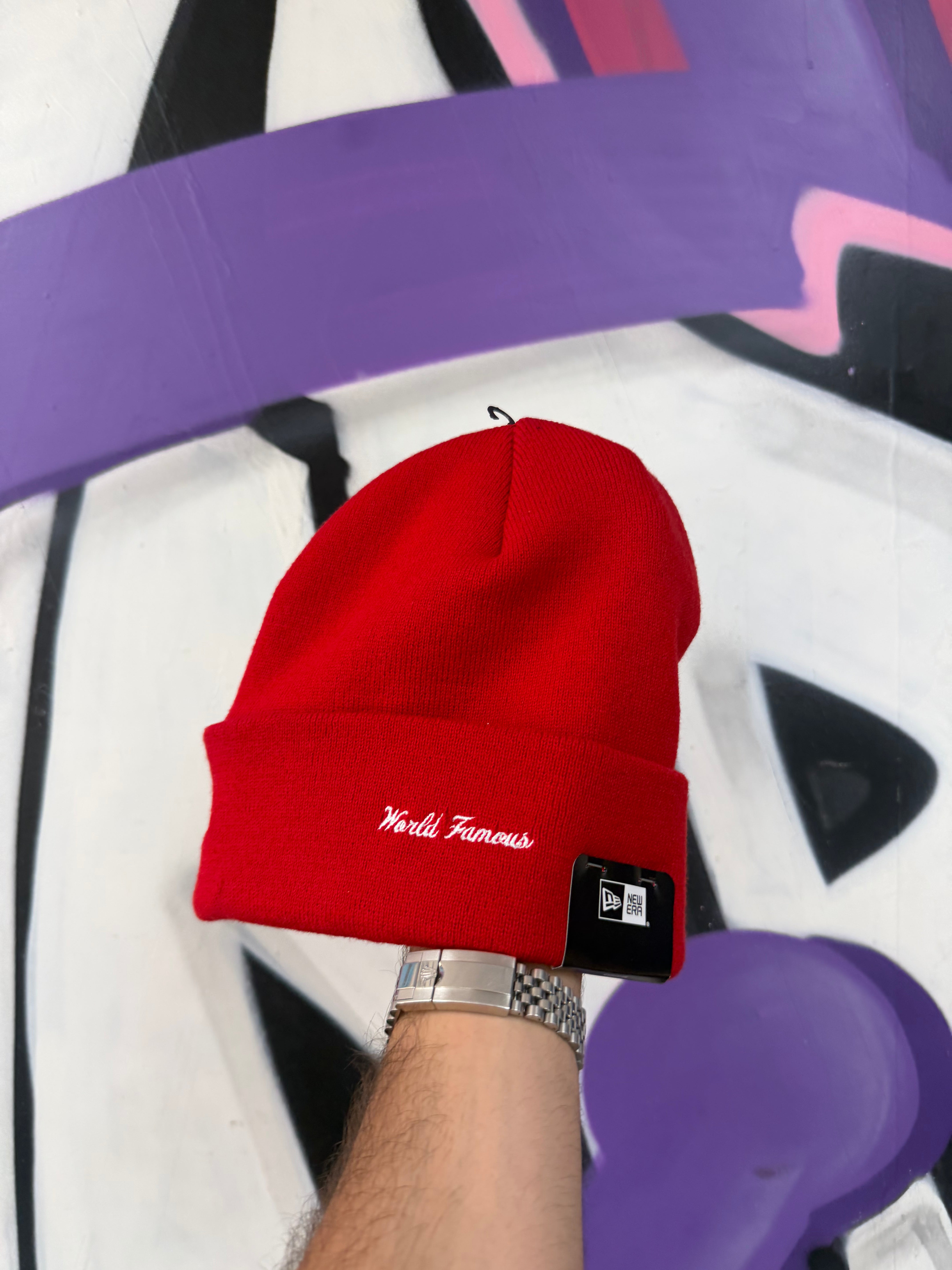 Supreme Red Navy Script Beanie