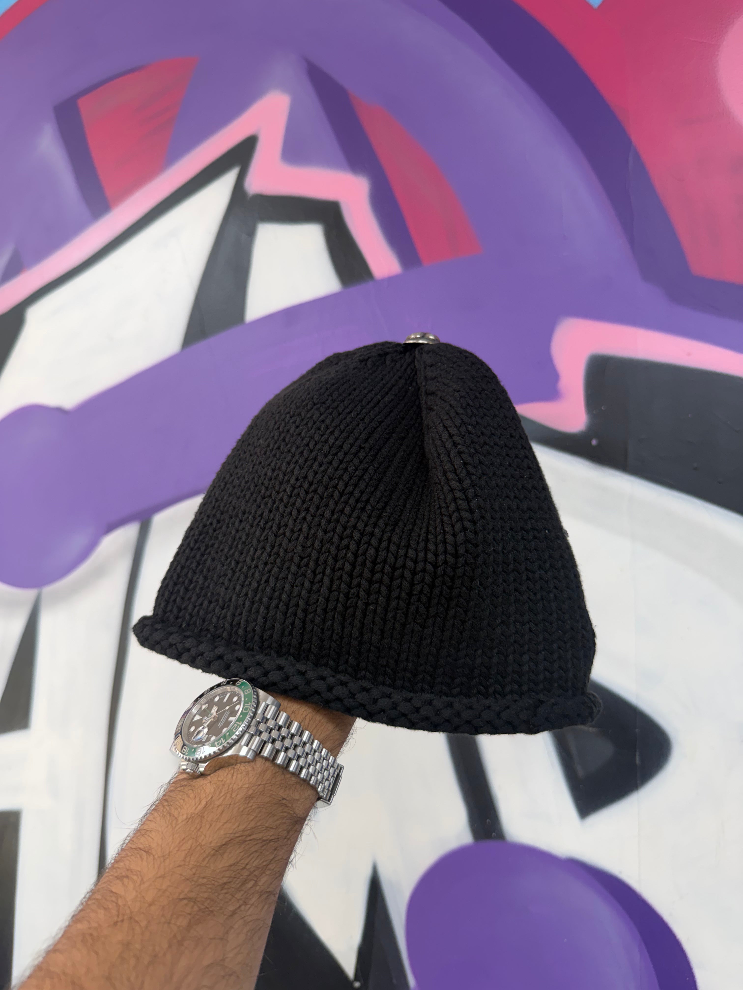 Chrome Hearts Black Knit Leather Fleur Patch Beanie