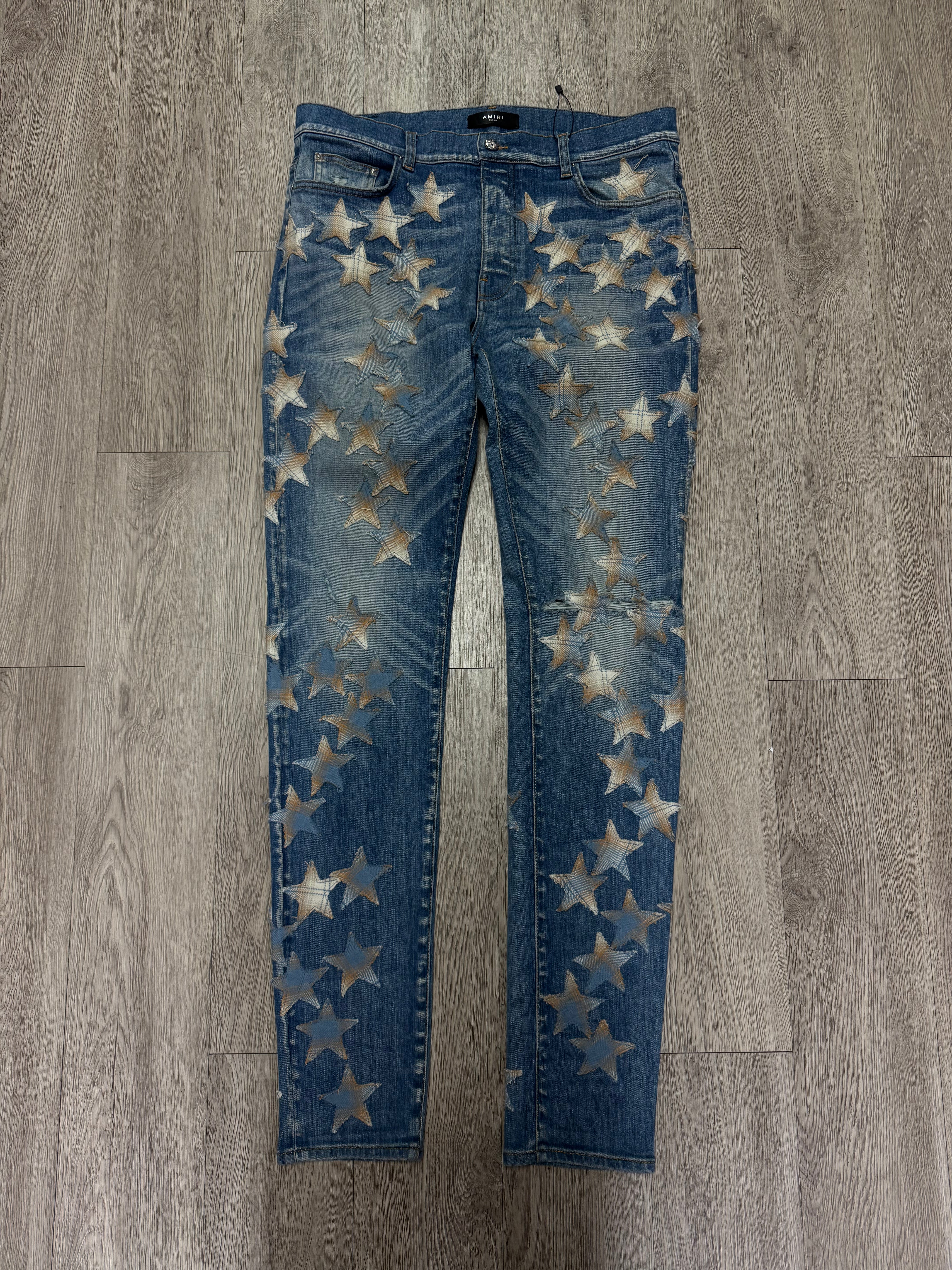 Amiri Light Wash Denim Cream Plaid Flannel Patch Jeans