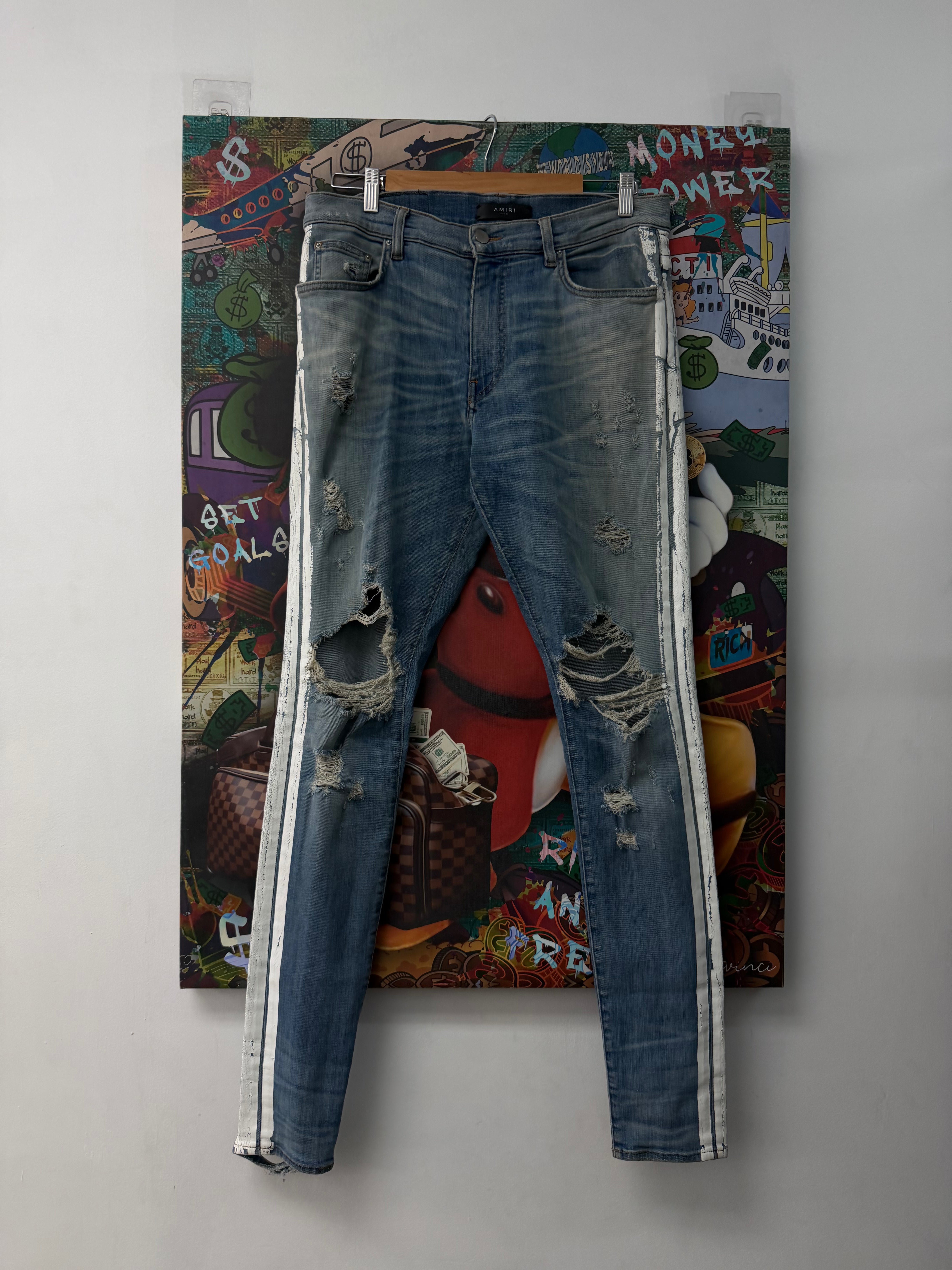 Amiri Light Wash White Stripe Jeans