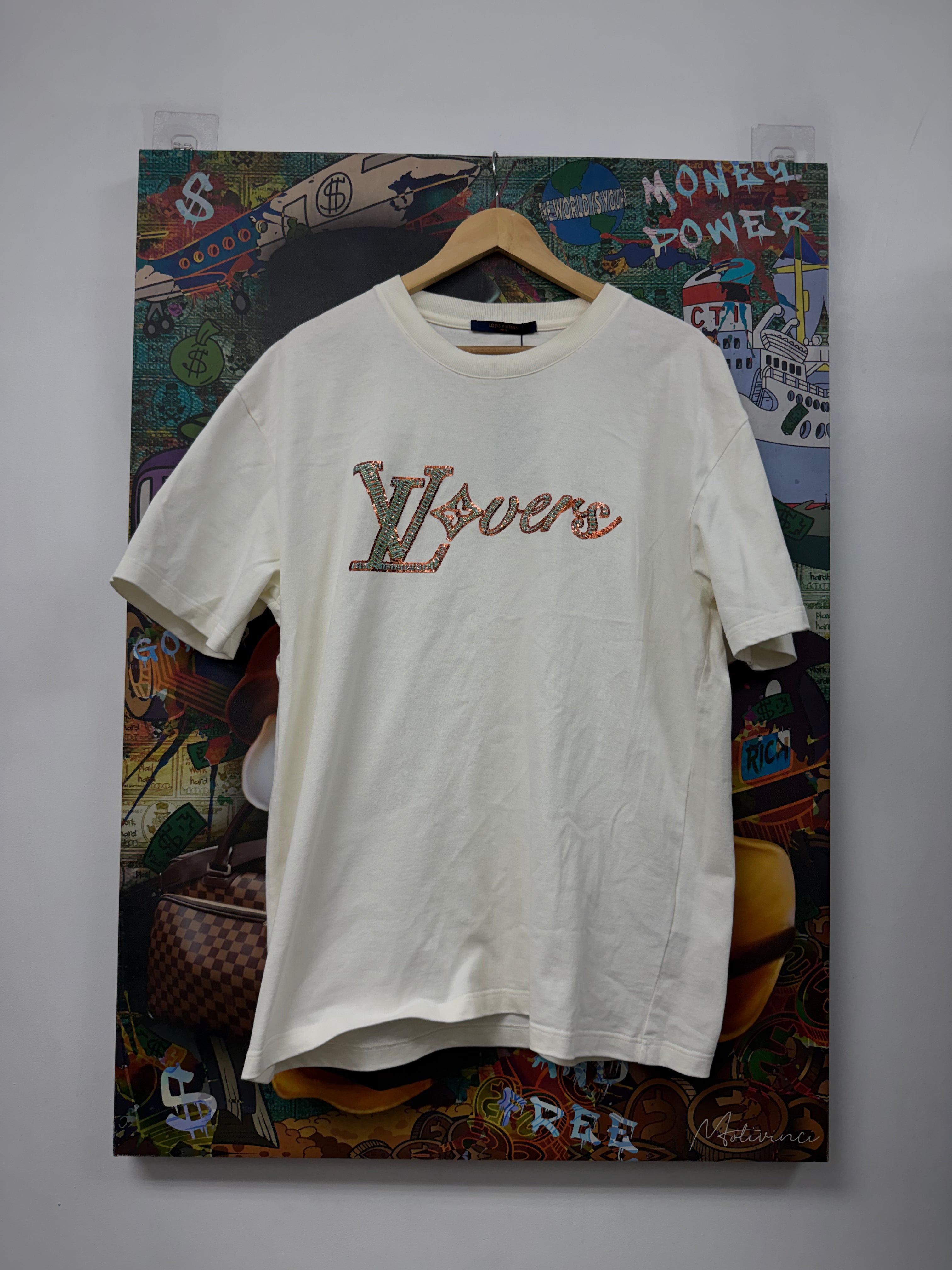 Louis Vuitton White Burnt Orange Blue Beaded Lovers Tee