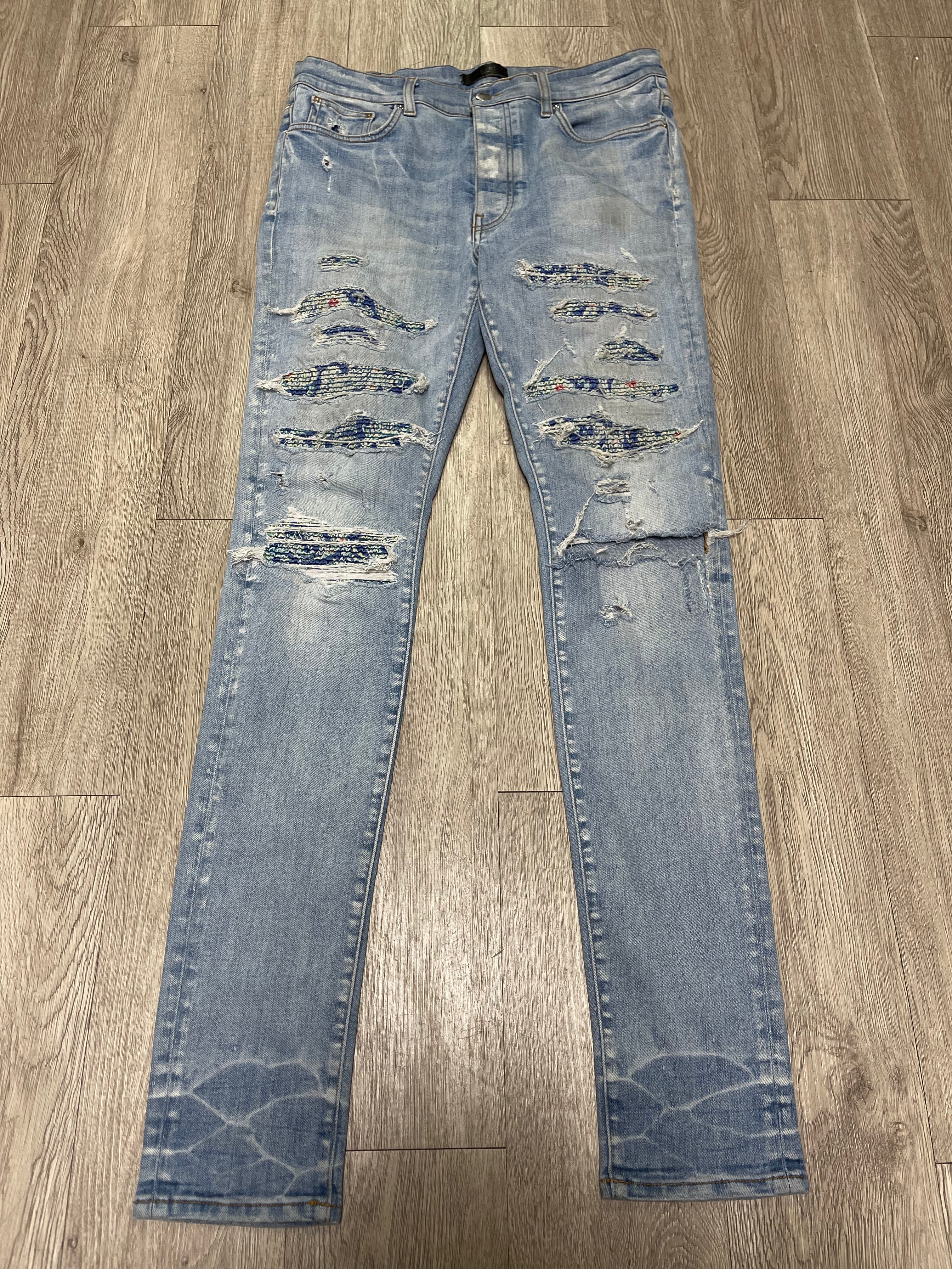 Amiri Light Indigo Pajama Paisley Thrasher Patch Jeans