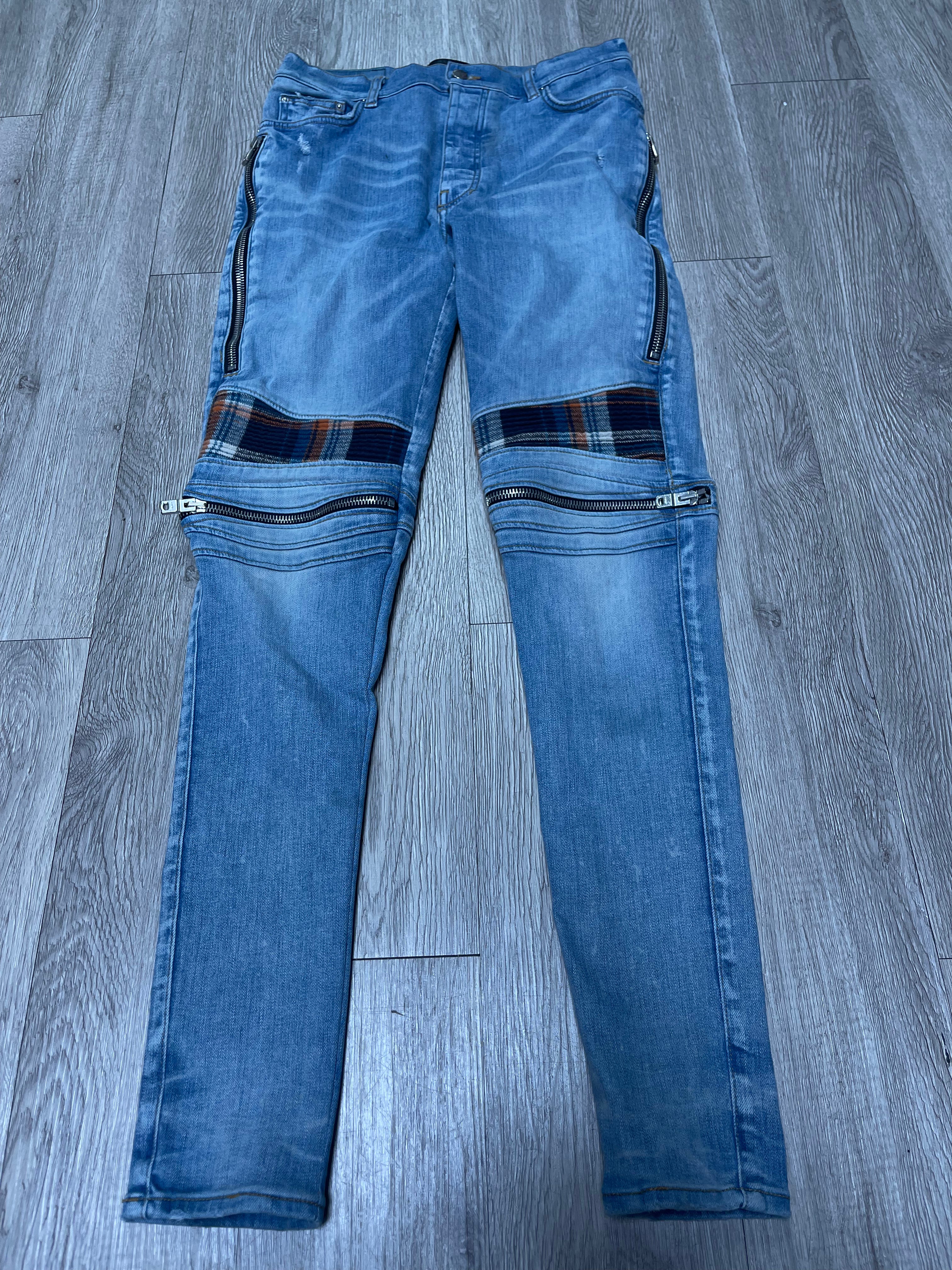 Amiri MX2 Light Indigo Blue Orange Plaid Patch (Altered Fits 32) Jeans