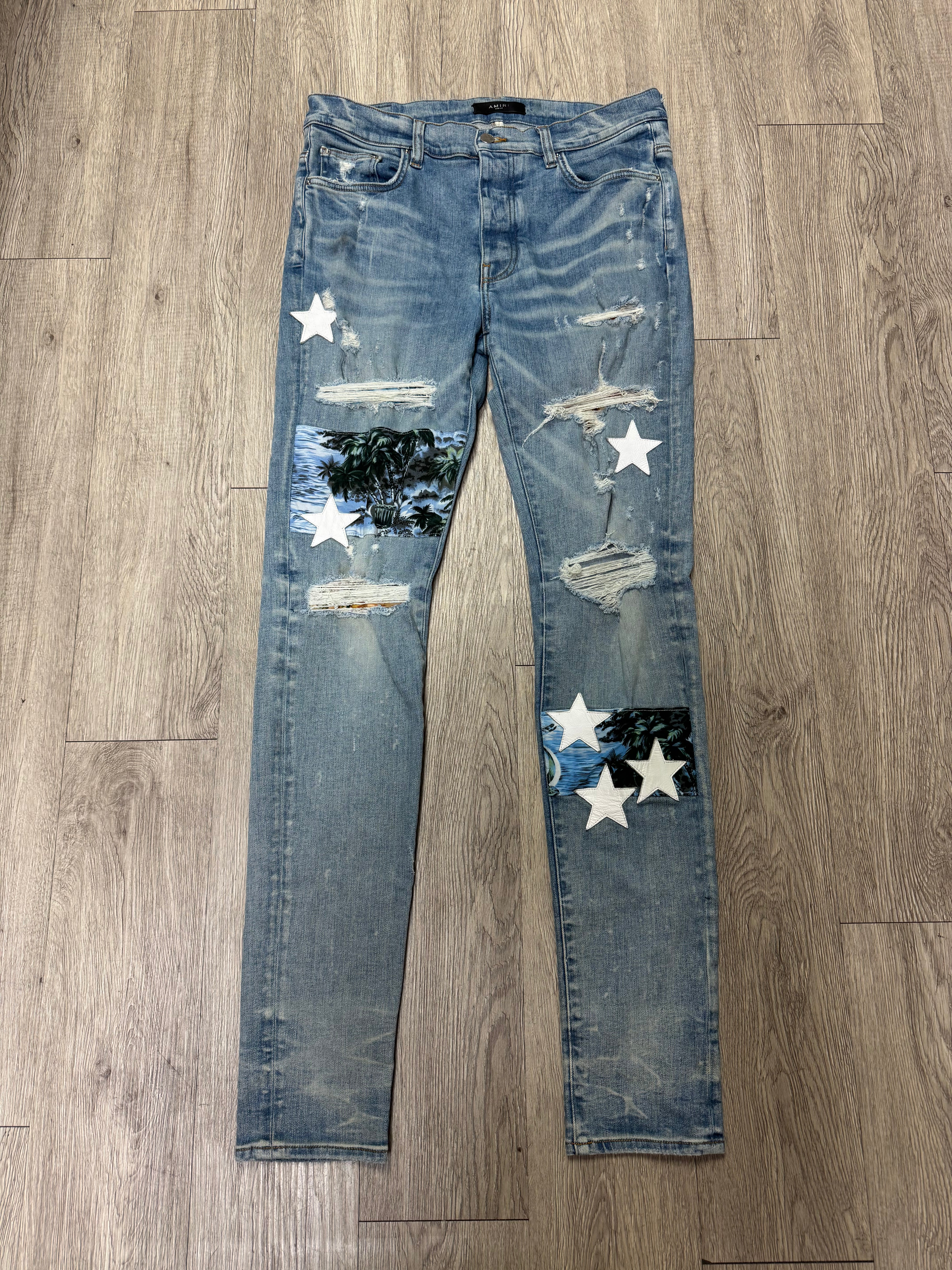 Amiri Light Wash Hawaiian Star Patchwork Jeans
