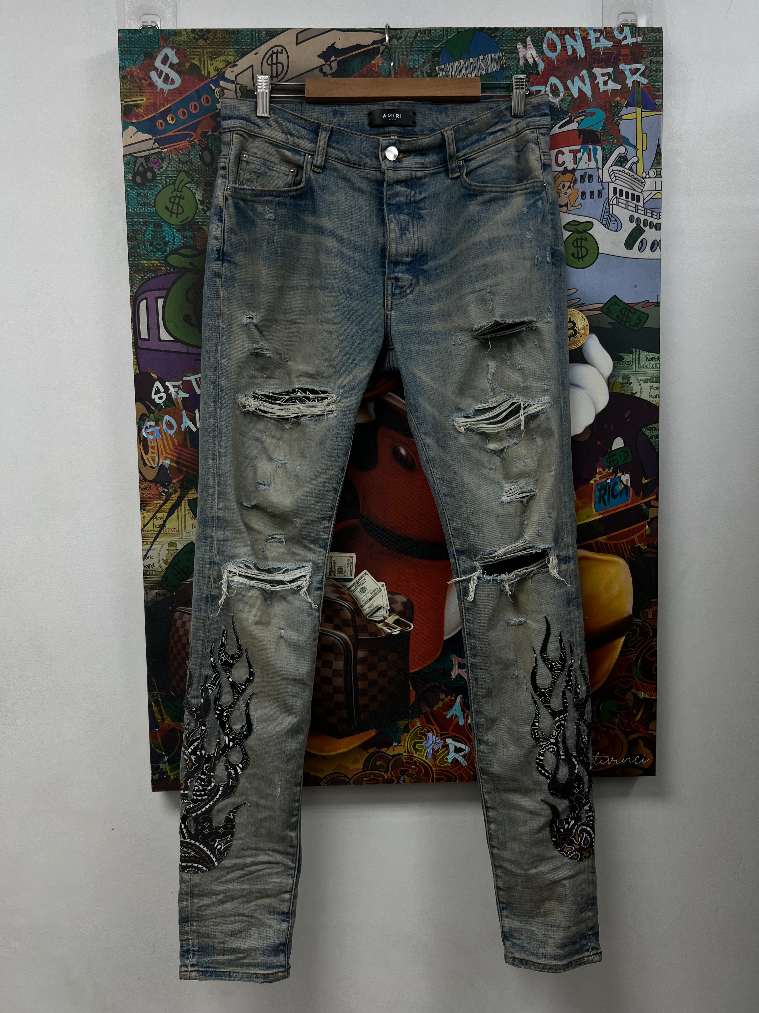 Amiri Light Wash Paisley Flames Jeans