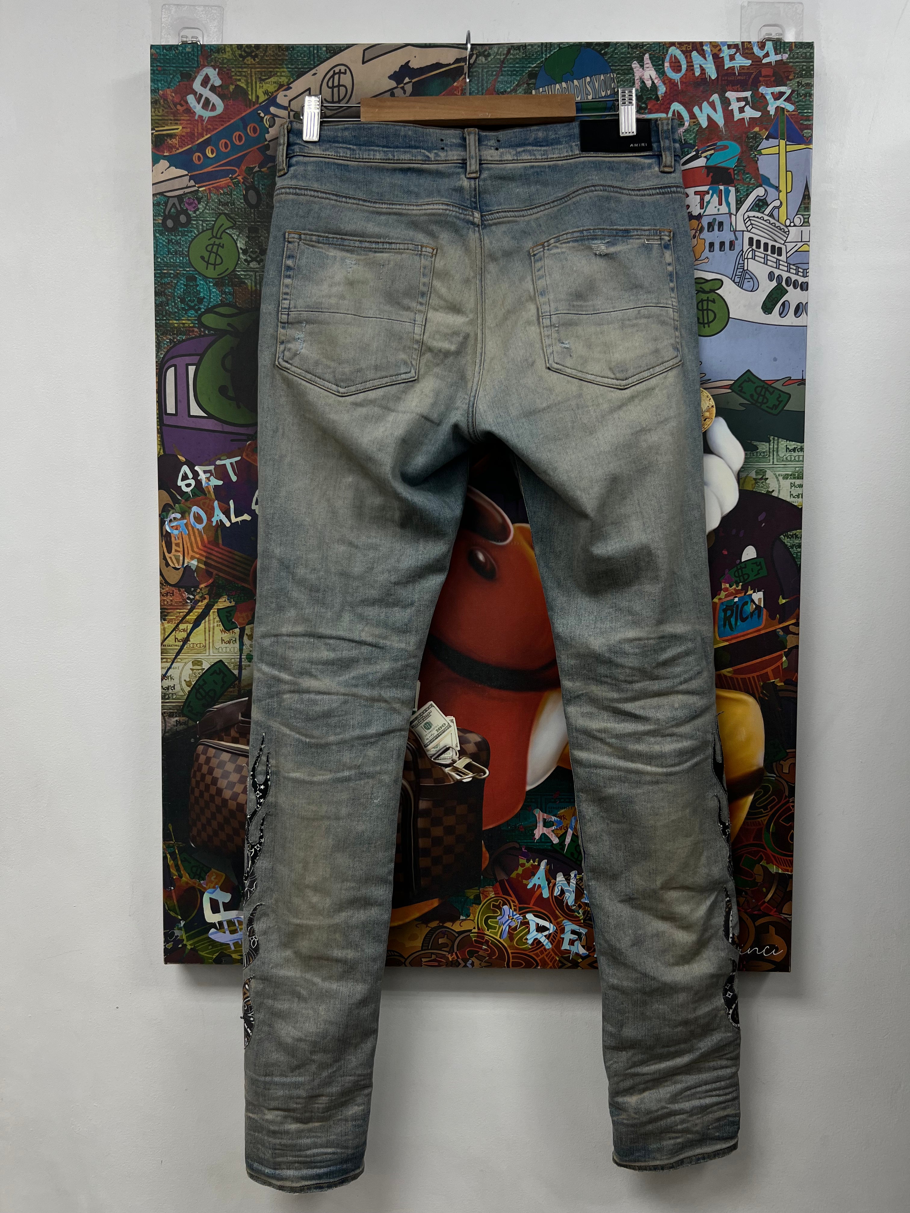 Amiri Light Wash Paisley Flames Jeans