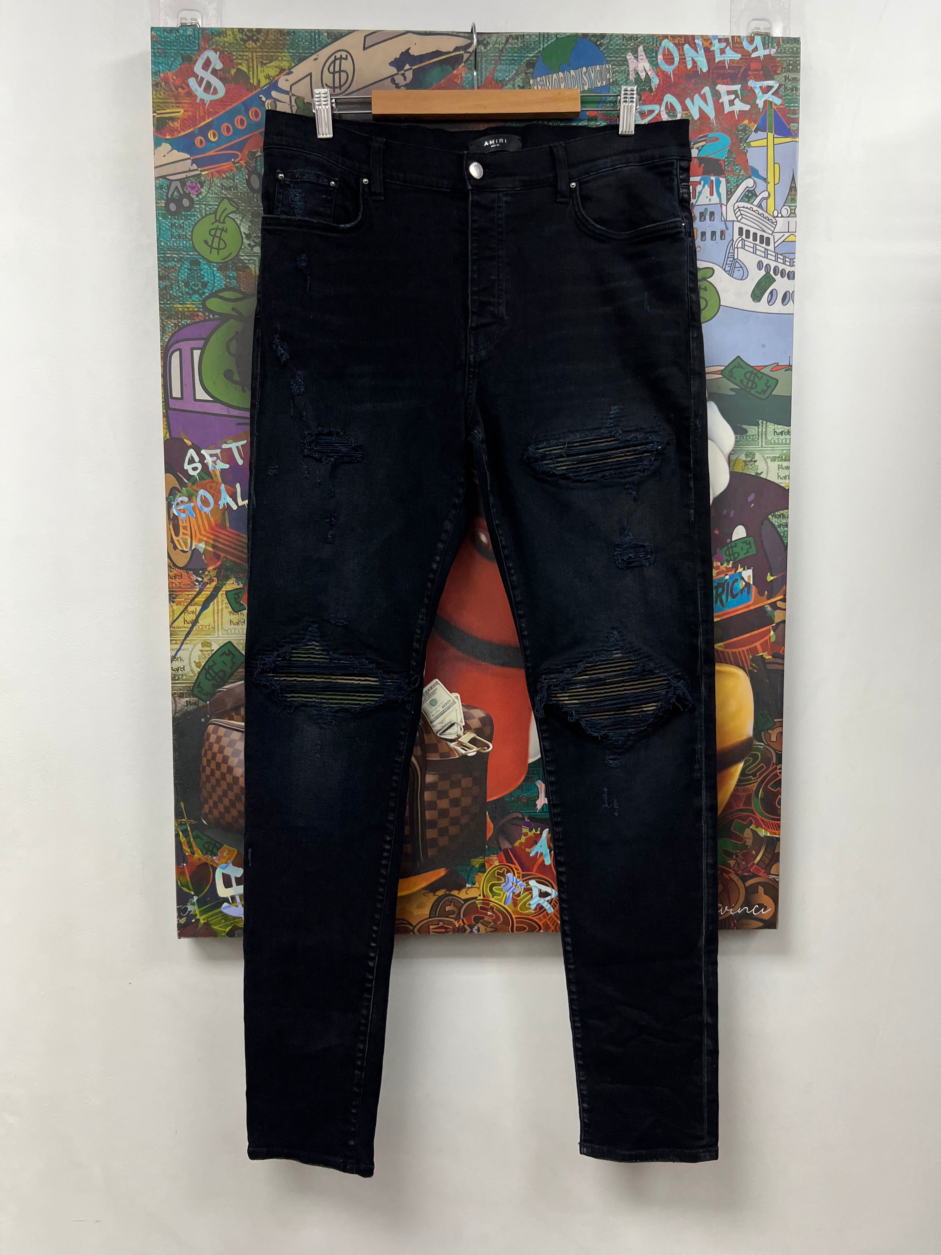 Amiri MX1 Black Wash Camo Patch Jeans