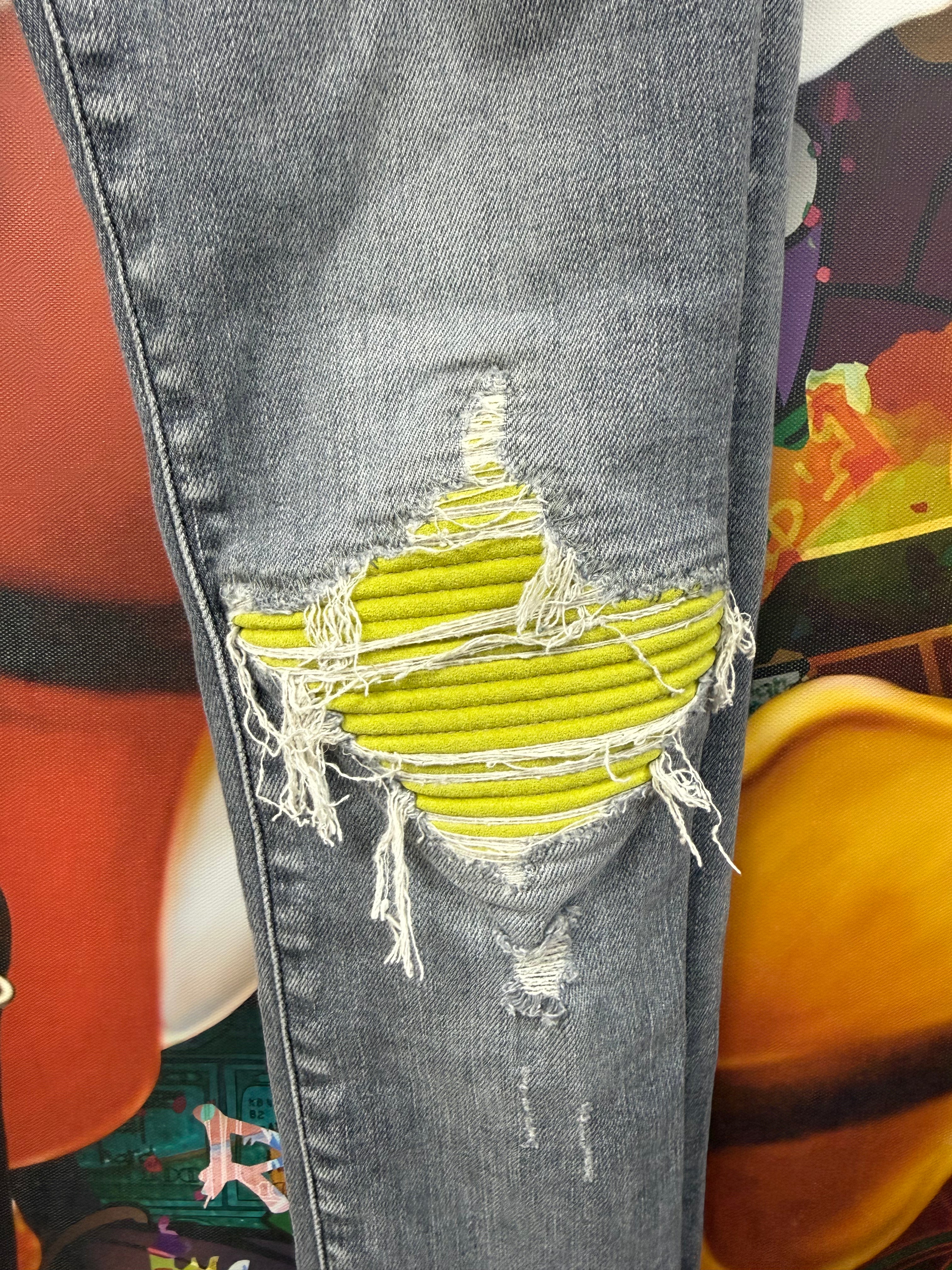 Amiri MX1 Grey Lime Patch Jeans