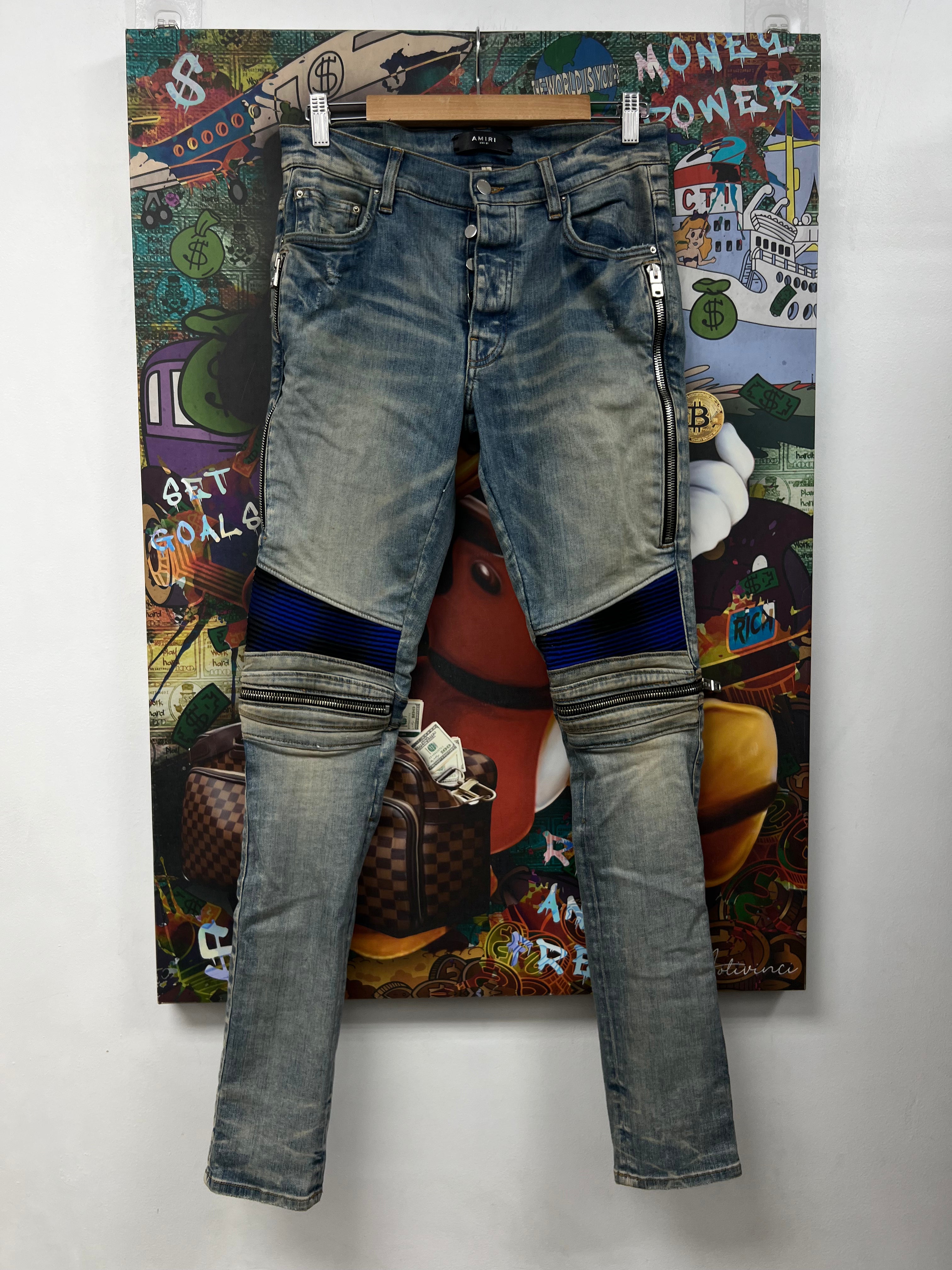 Amiri MX2 Light Wash Blue Black Plaid Patch Jeans