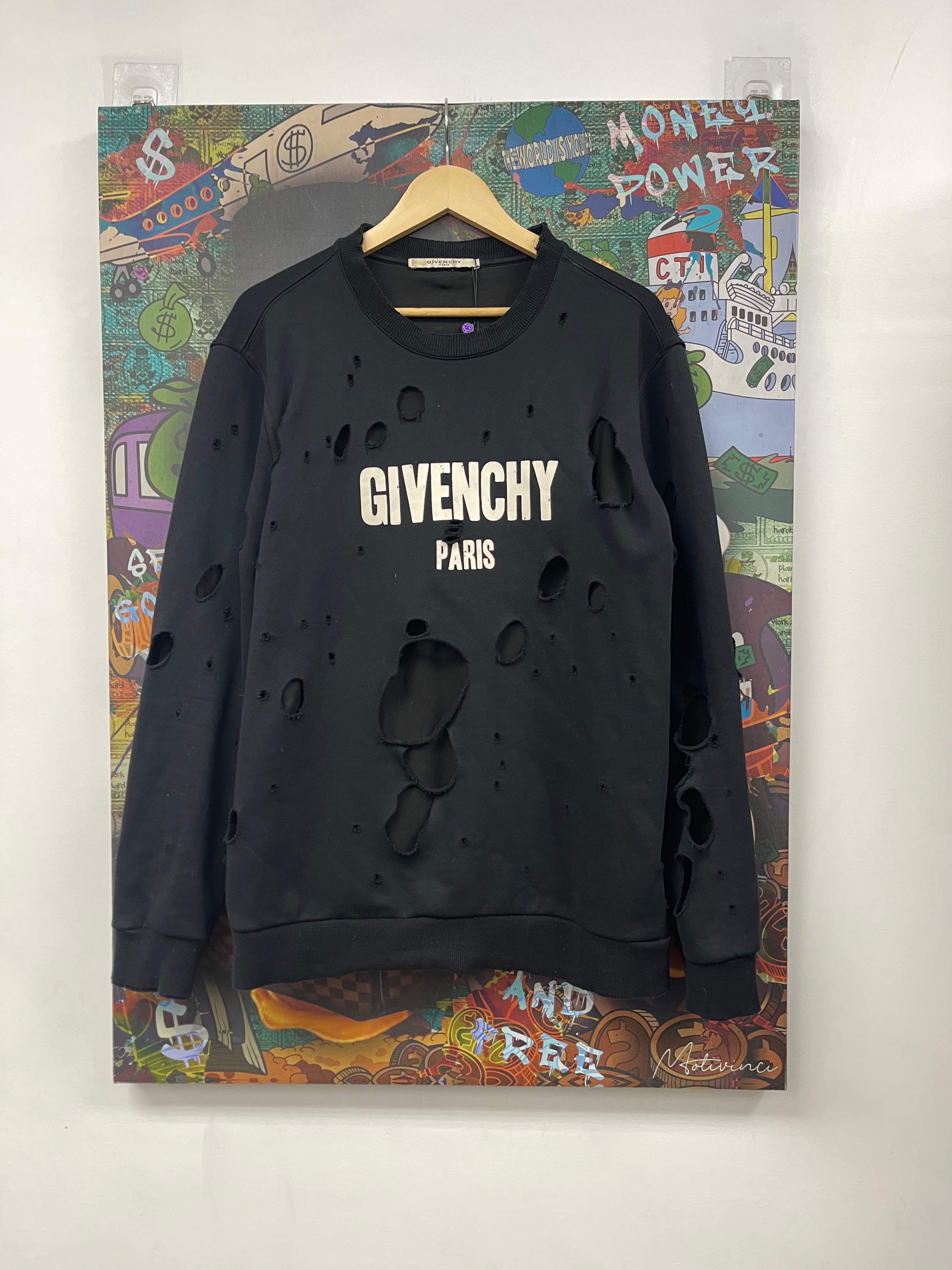 Givenchy Black White Distress Logo Crewneck