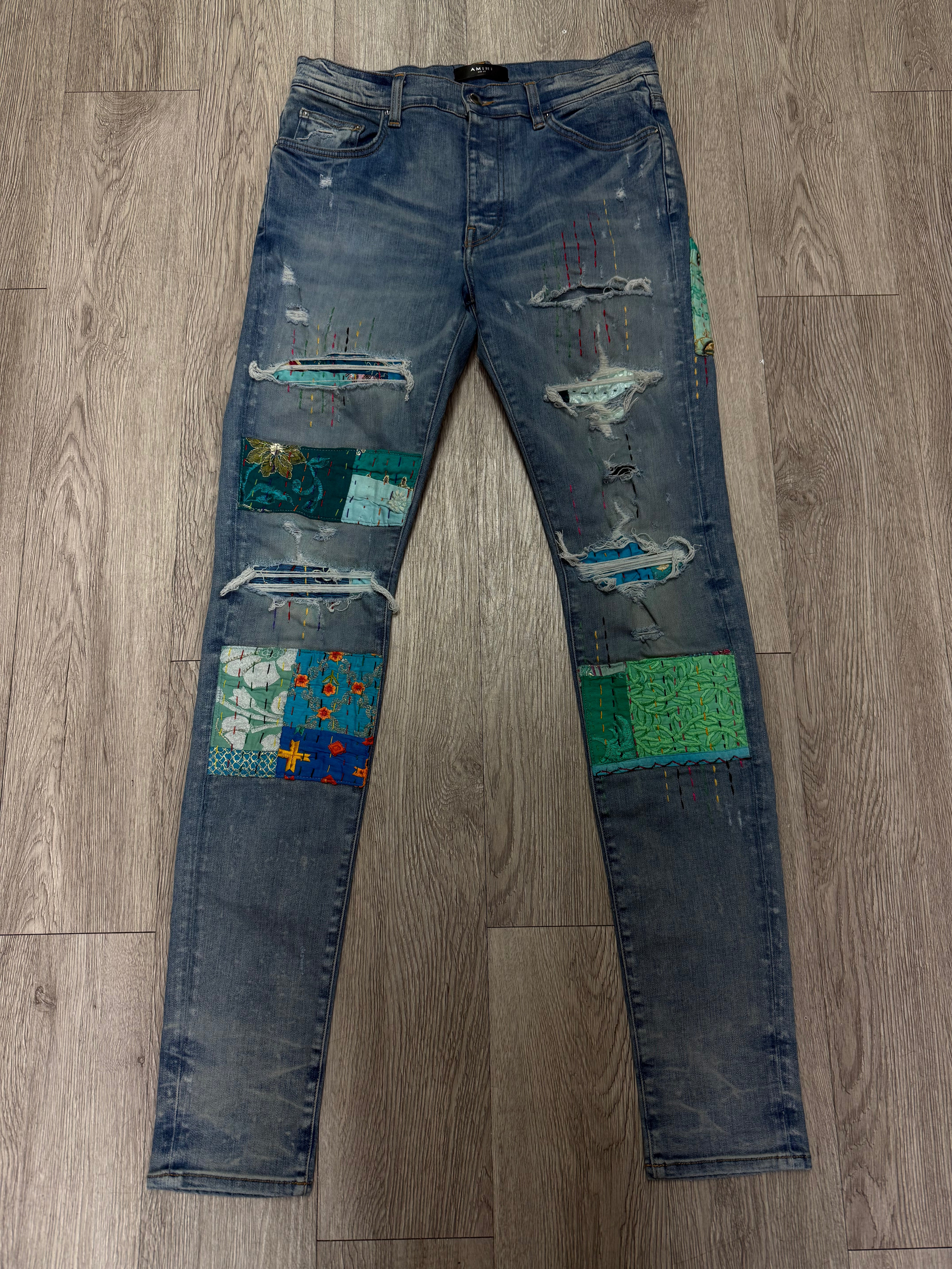 Amiri Light Wash Quilted Teal Patch Jeans