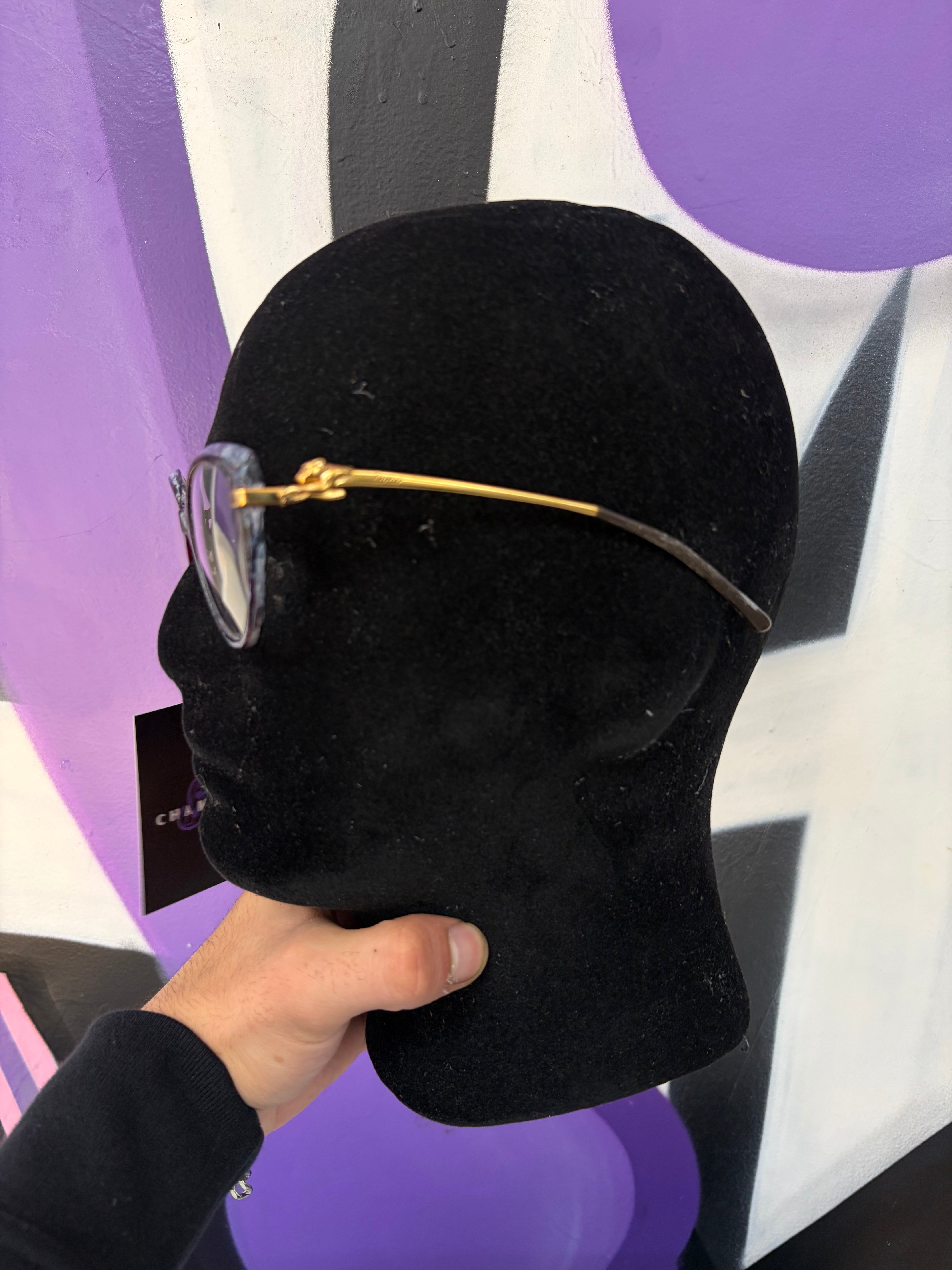 Cartier Dark Purple Gold Panthere Cat-Eye Frame Glasses