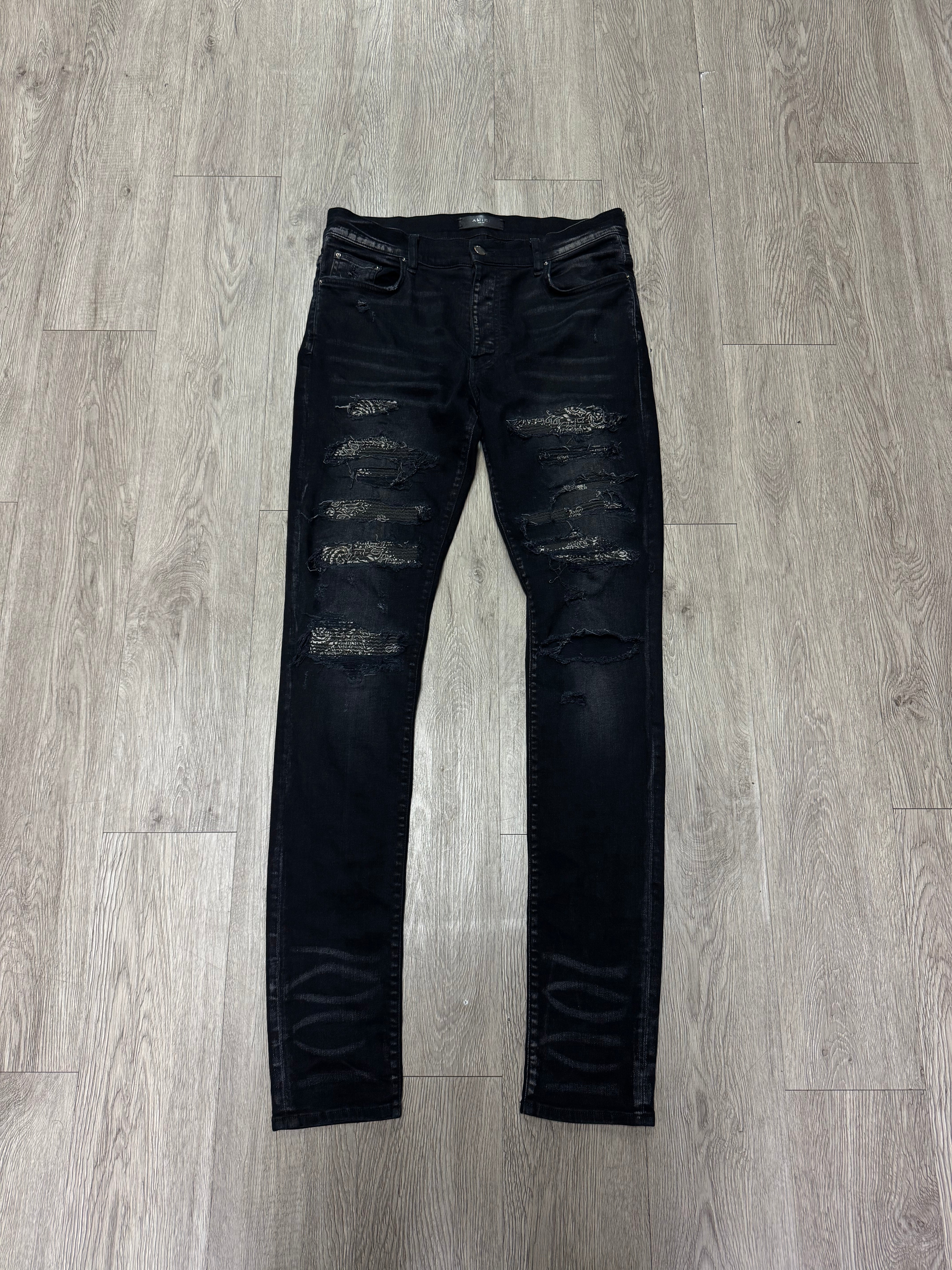 Amiri Black Wash Paisley Thrasher Patch Jeans