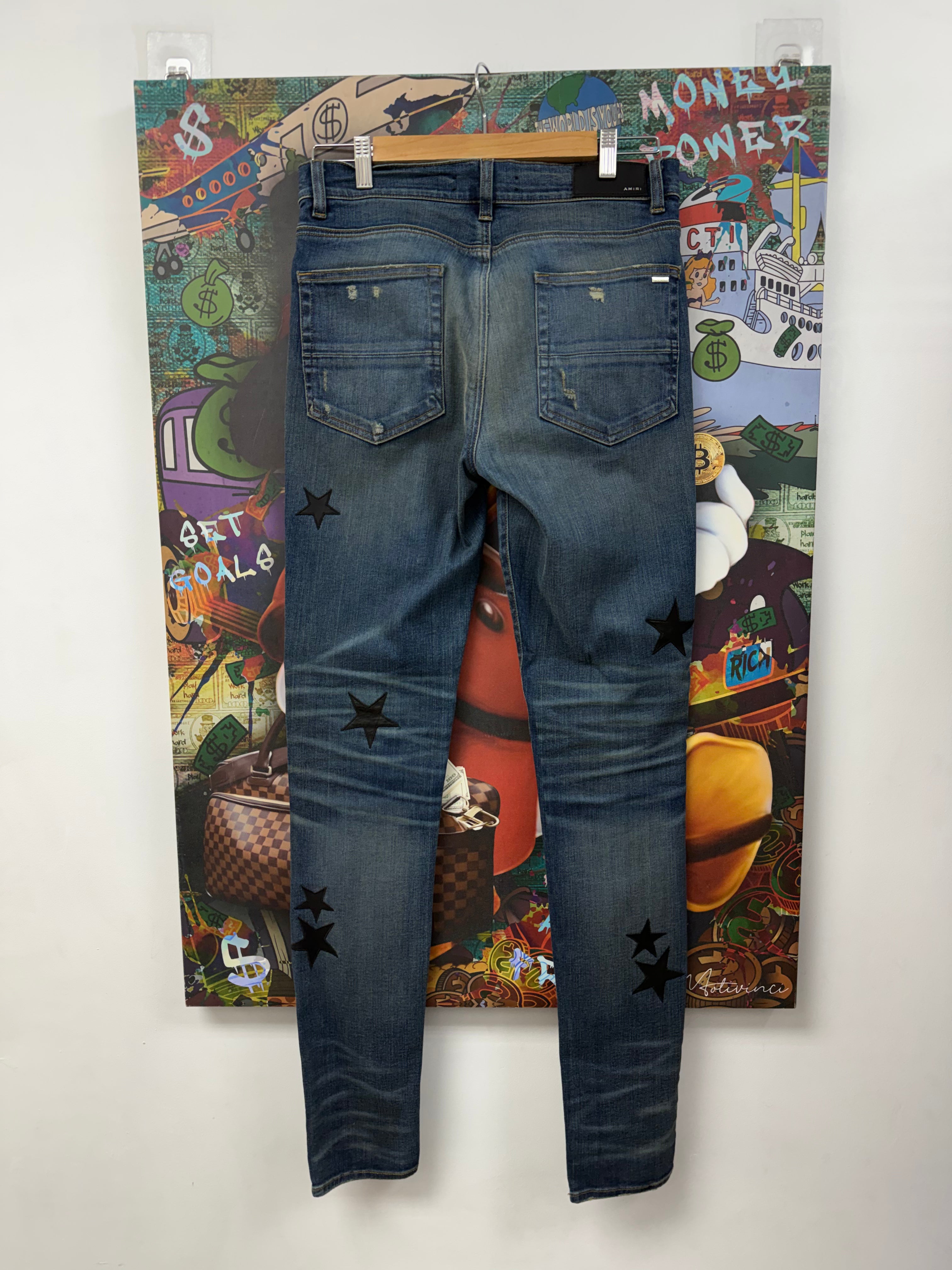 Amiri Dark Wash Black Leather Stars Jeans