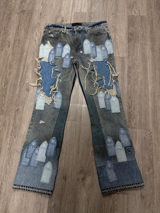 Who Decides War Patched Arch Repaired Blowout Denim Blue Jeans