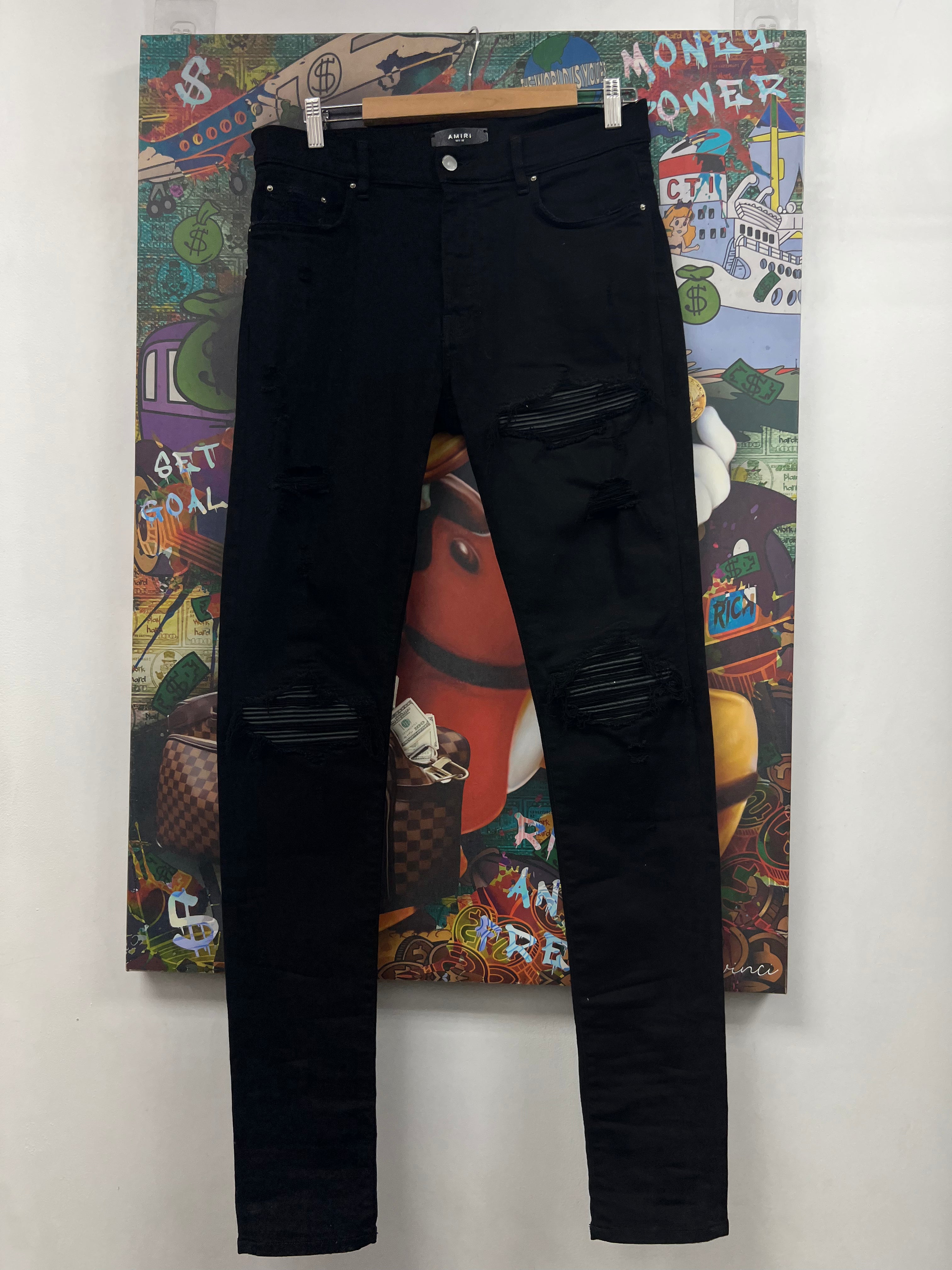 Amiri MX1 Black Black Leather Patch Jeans