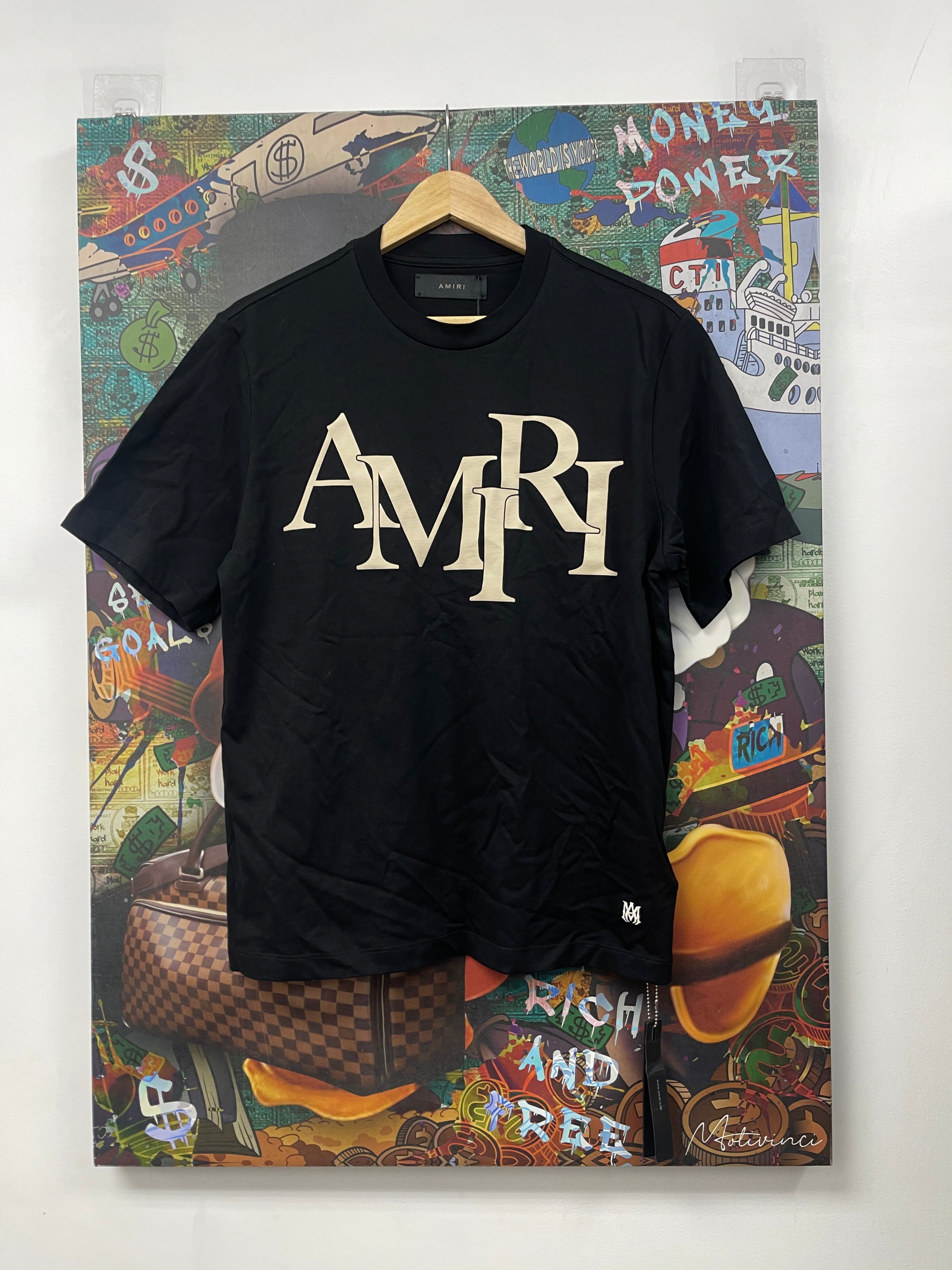 Amiri Black Cream Staggered Logo Tee