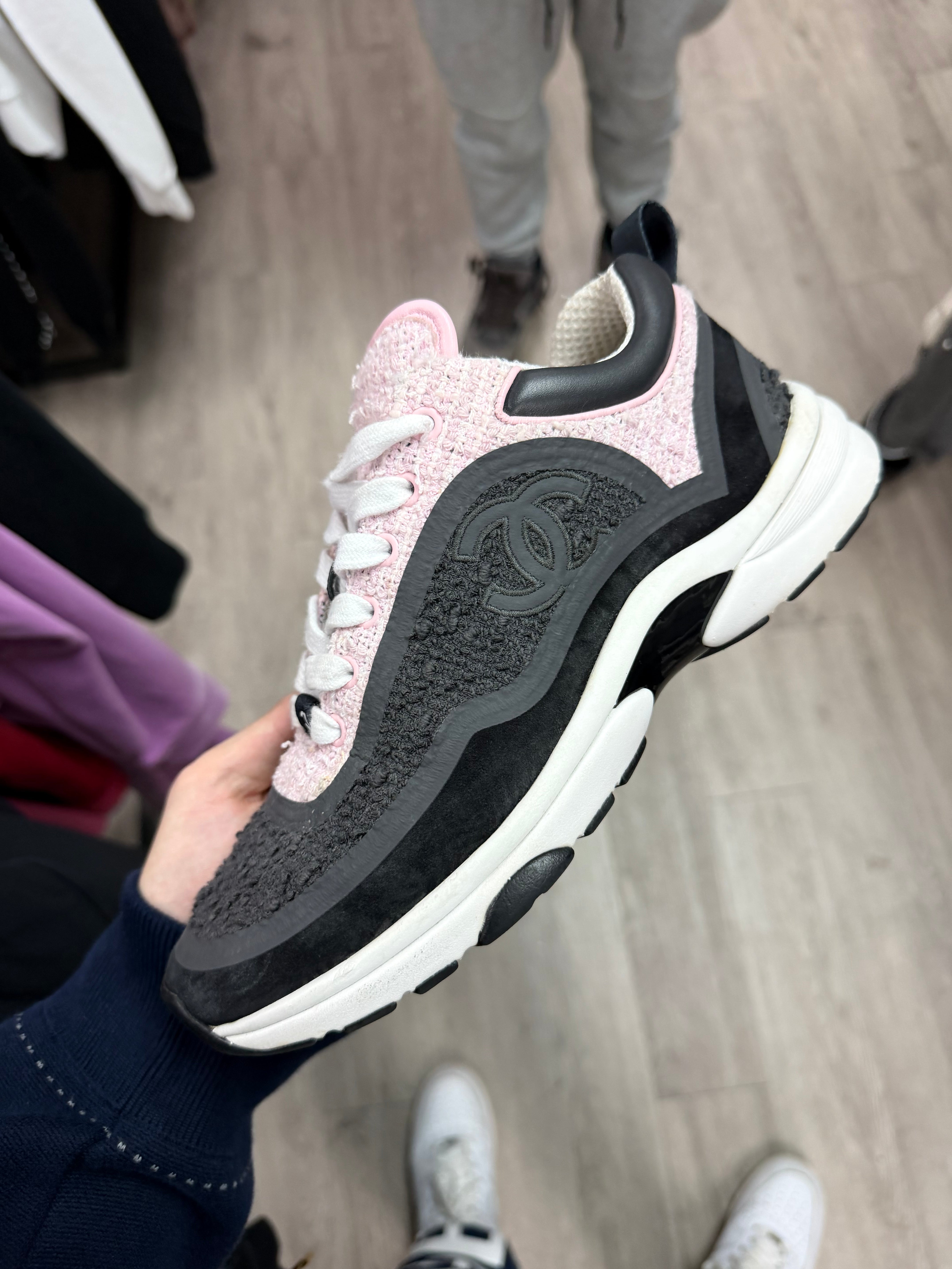 Chanel Pink Grey Tweed CC Logo Sneakers