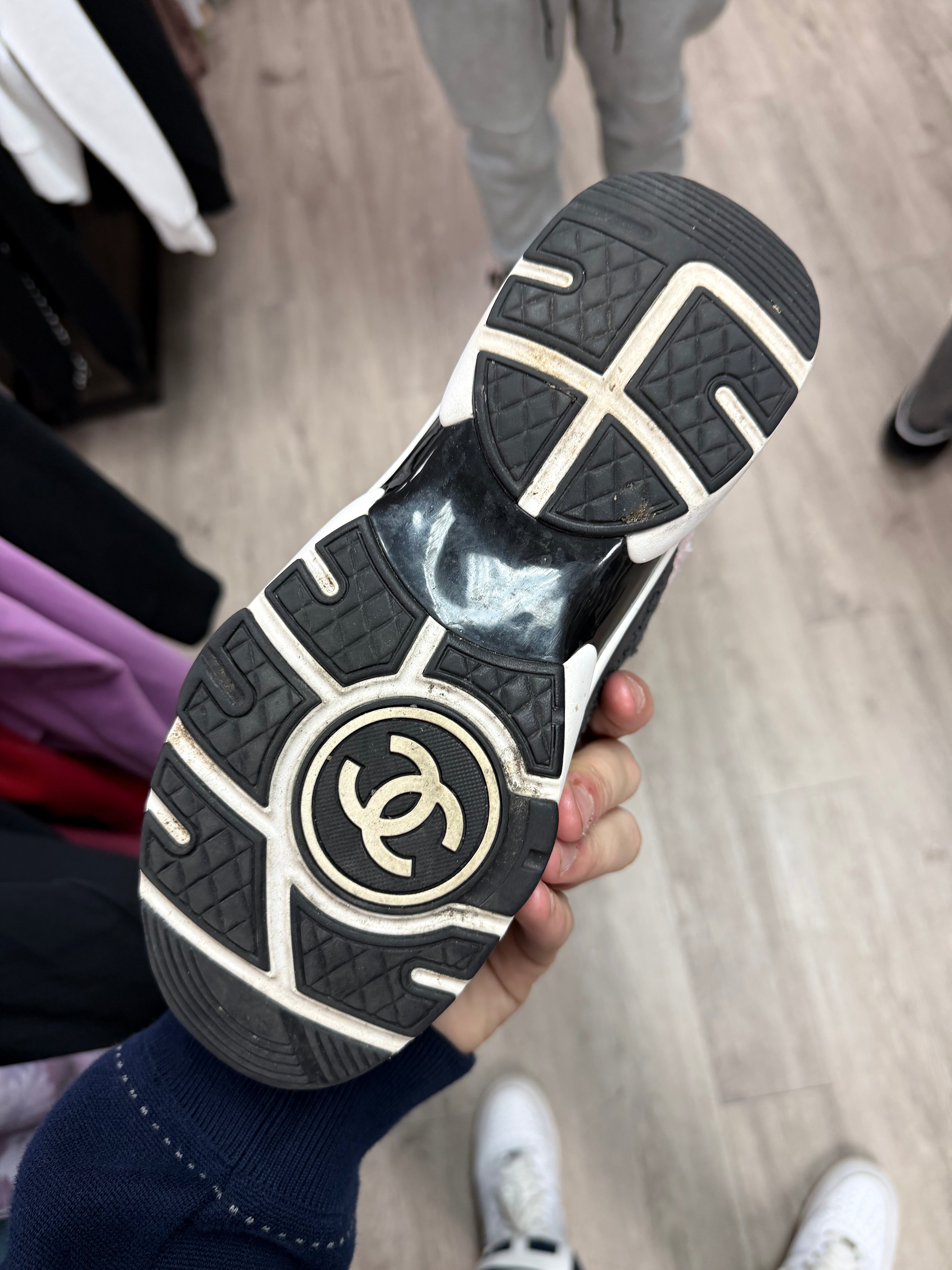 Chanel Pink Grey Tweed CC Logo Sneakers