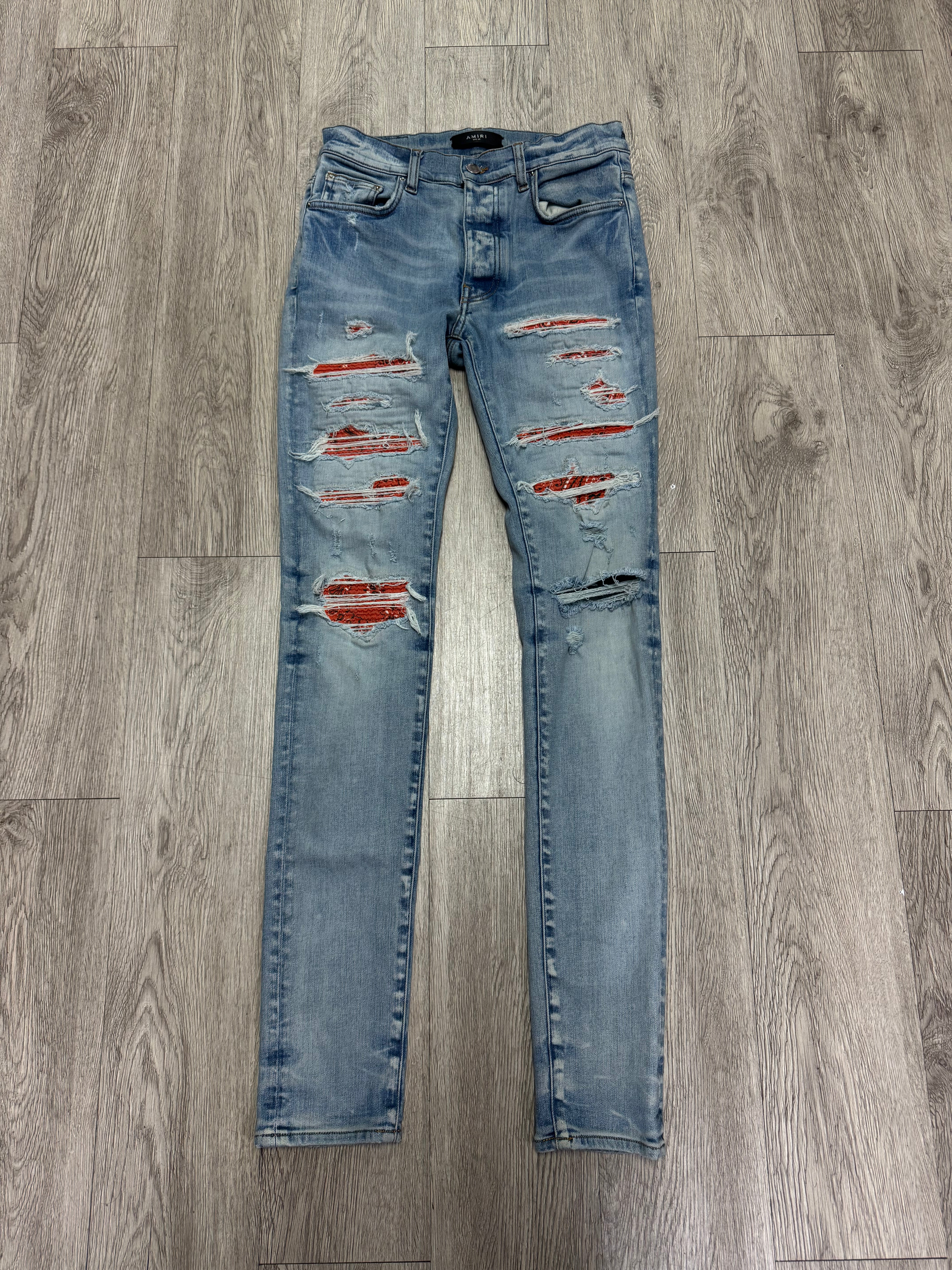 Amiri Light Wash Orange Paisley Thrasher Patch Jeans