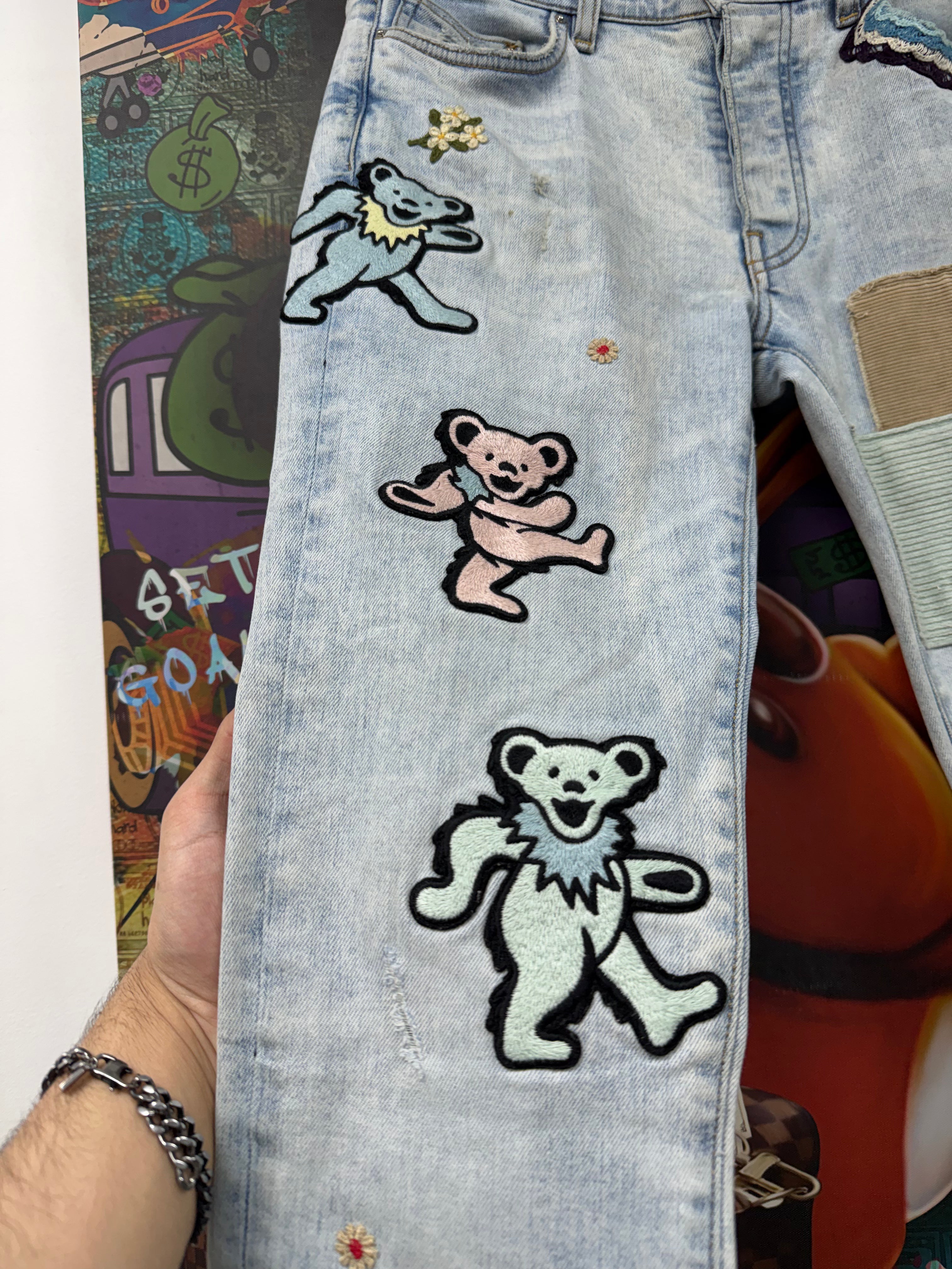 Amiri Light Wash Grateful Dead Patchwork Jeans