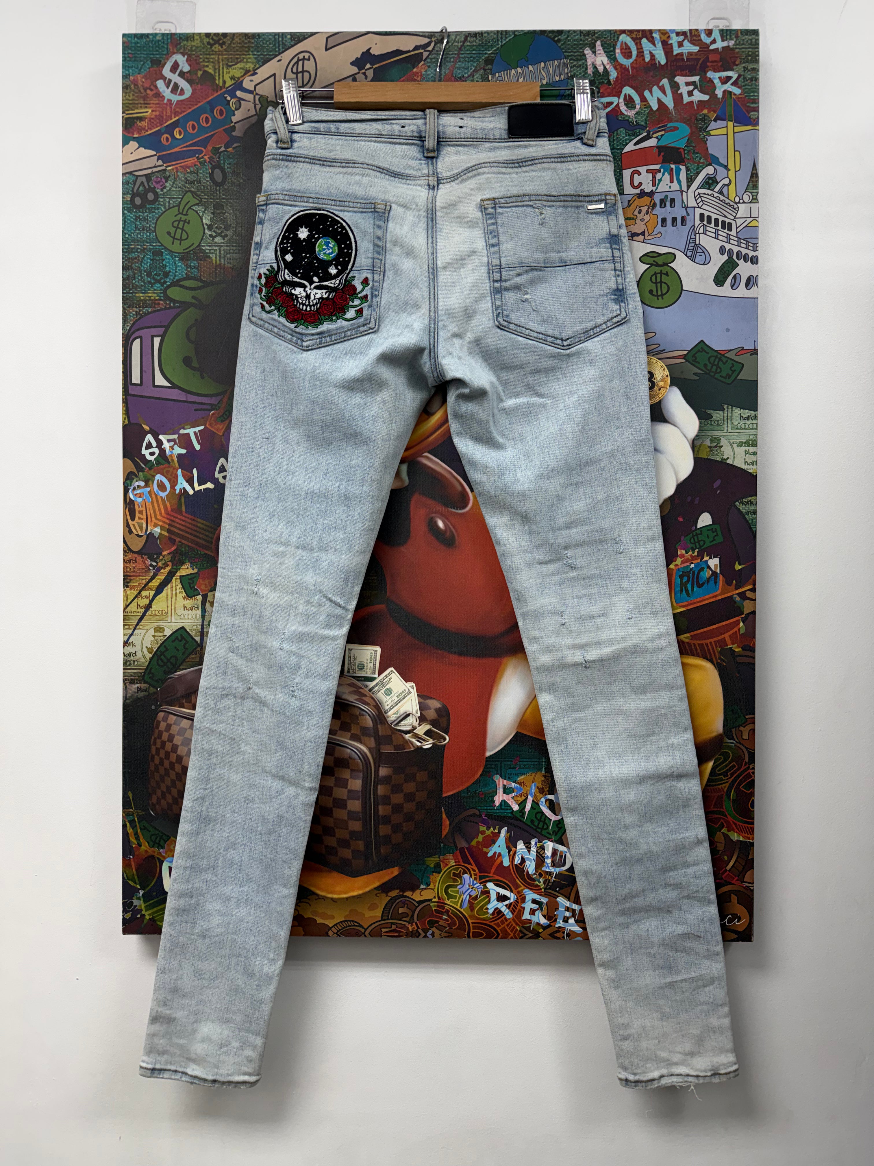 Amiri Light Wash Grateful Dead Patchwork Jeans