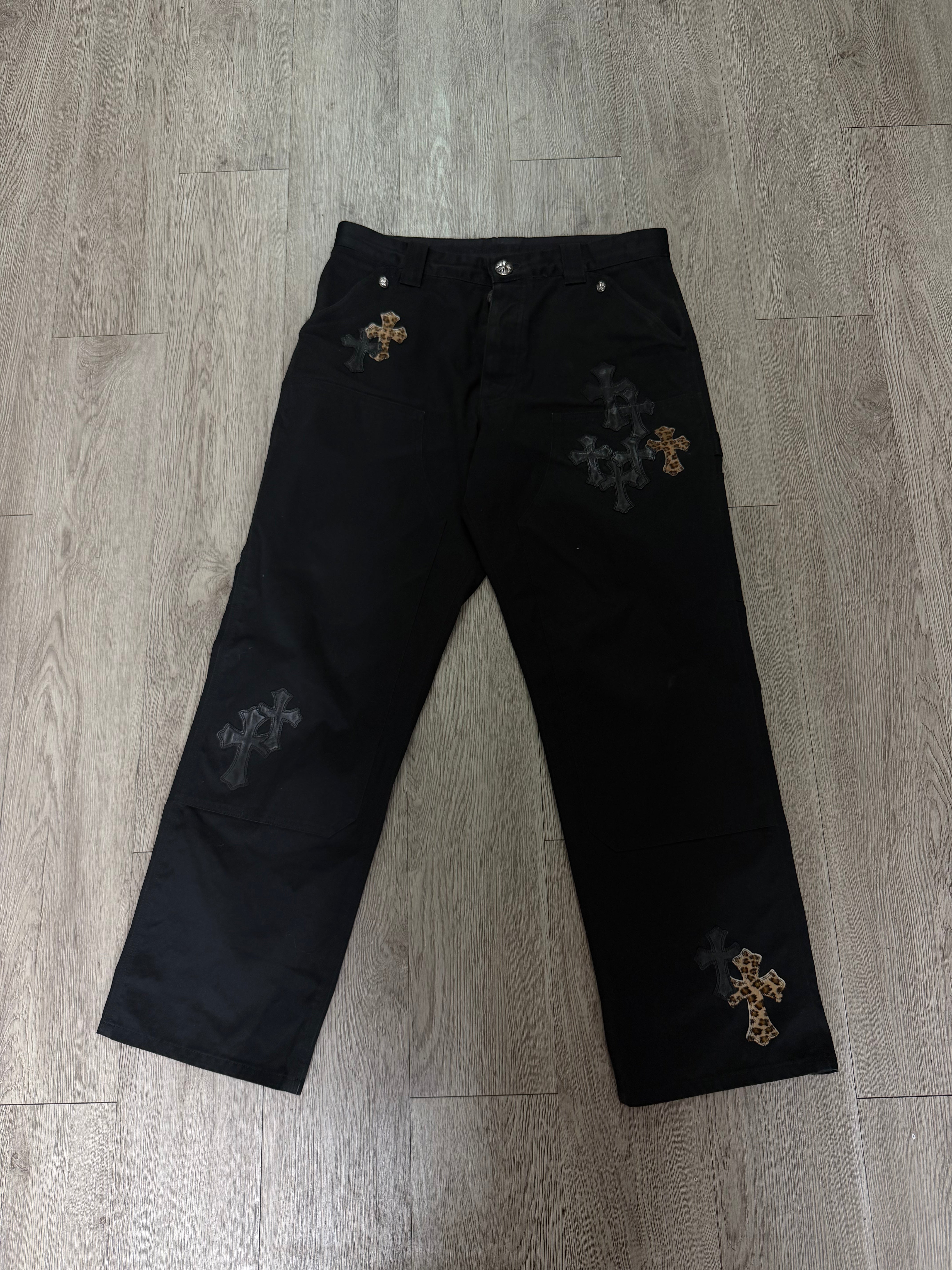 Chrome Hearts Black Double Knee Cheetah Jeans