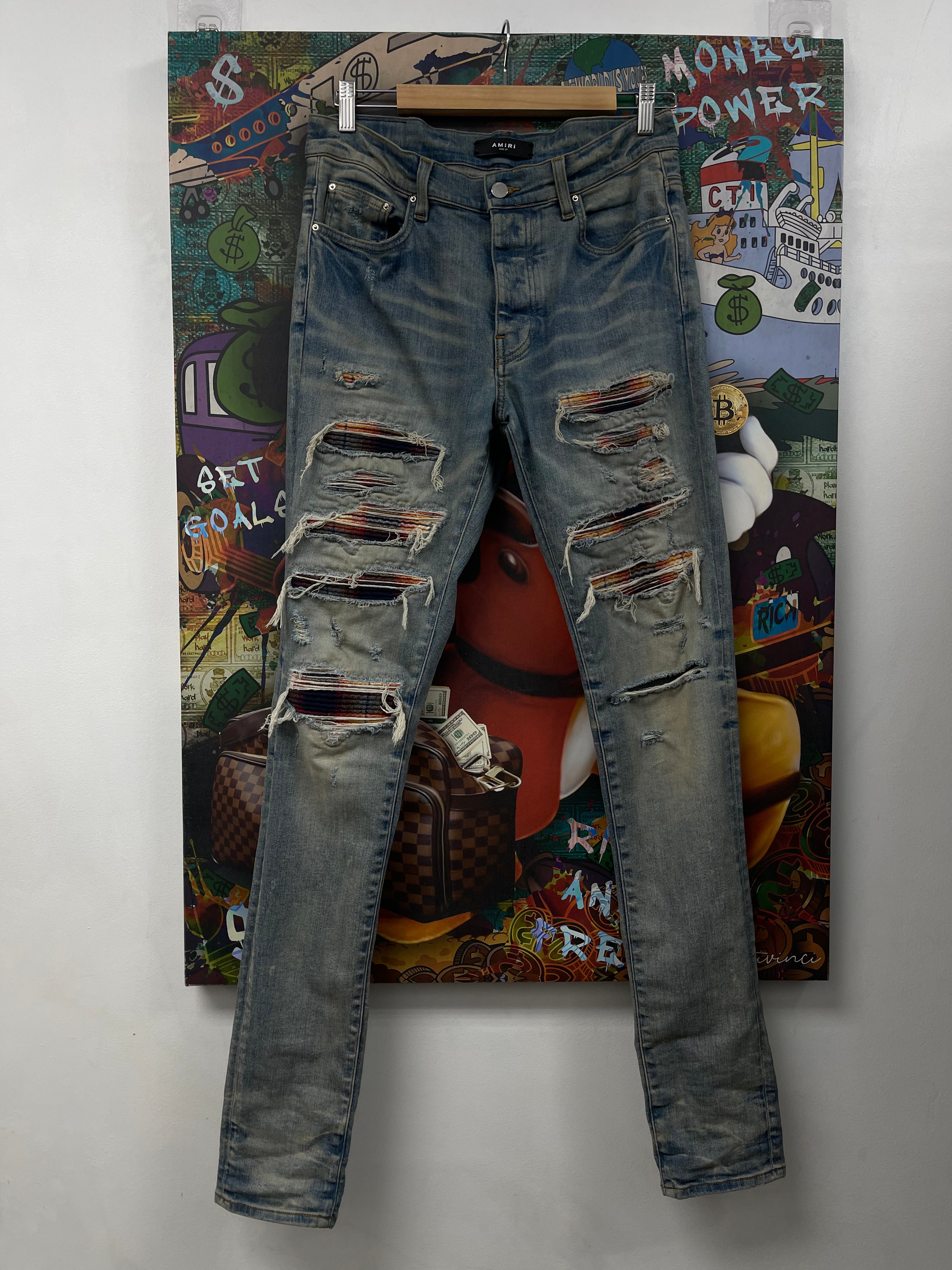 Amiri Light Wash Burgundy Yellow Plaid Thrasher Jeans