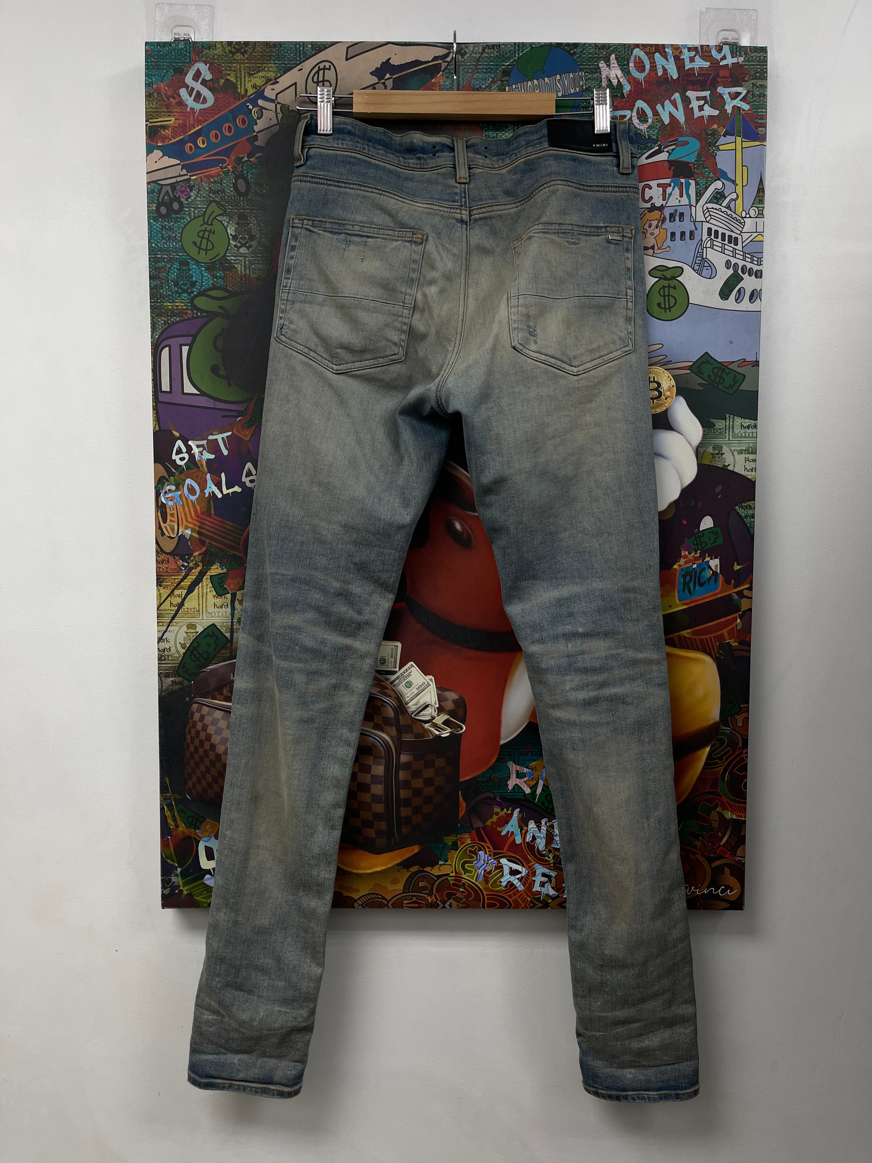 Amiri Light Wash Burgundy Yellow Plaid Thrasher Jeans