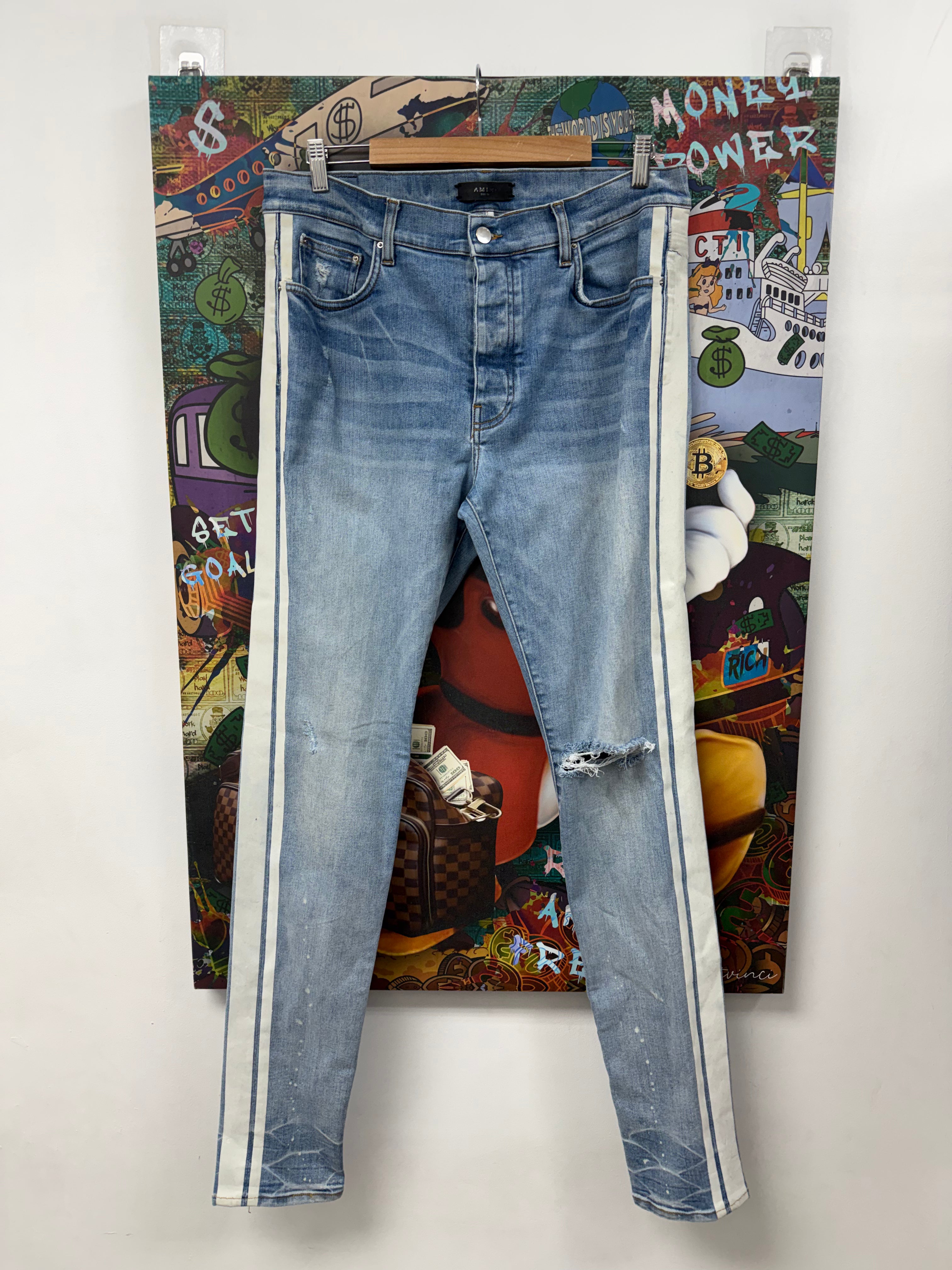 Amiri Light Wash White Track Stripe Jeans