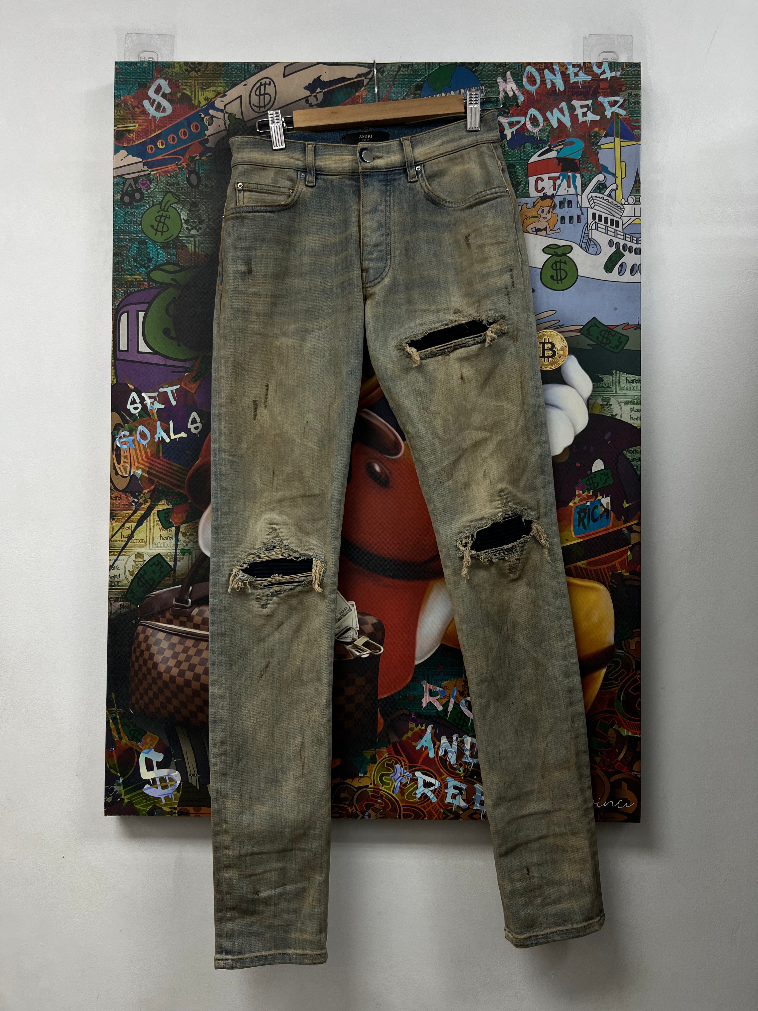 Amiri MX1 Dirty Wash Black Suede Patch Jeans