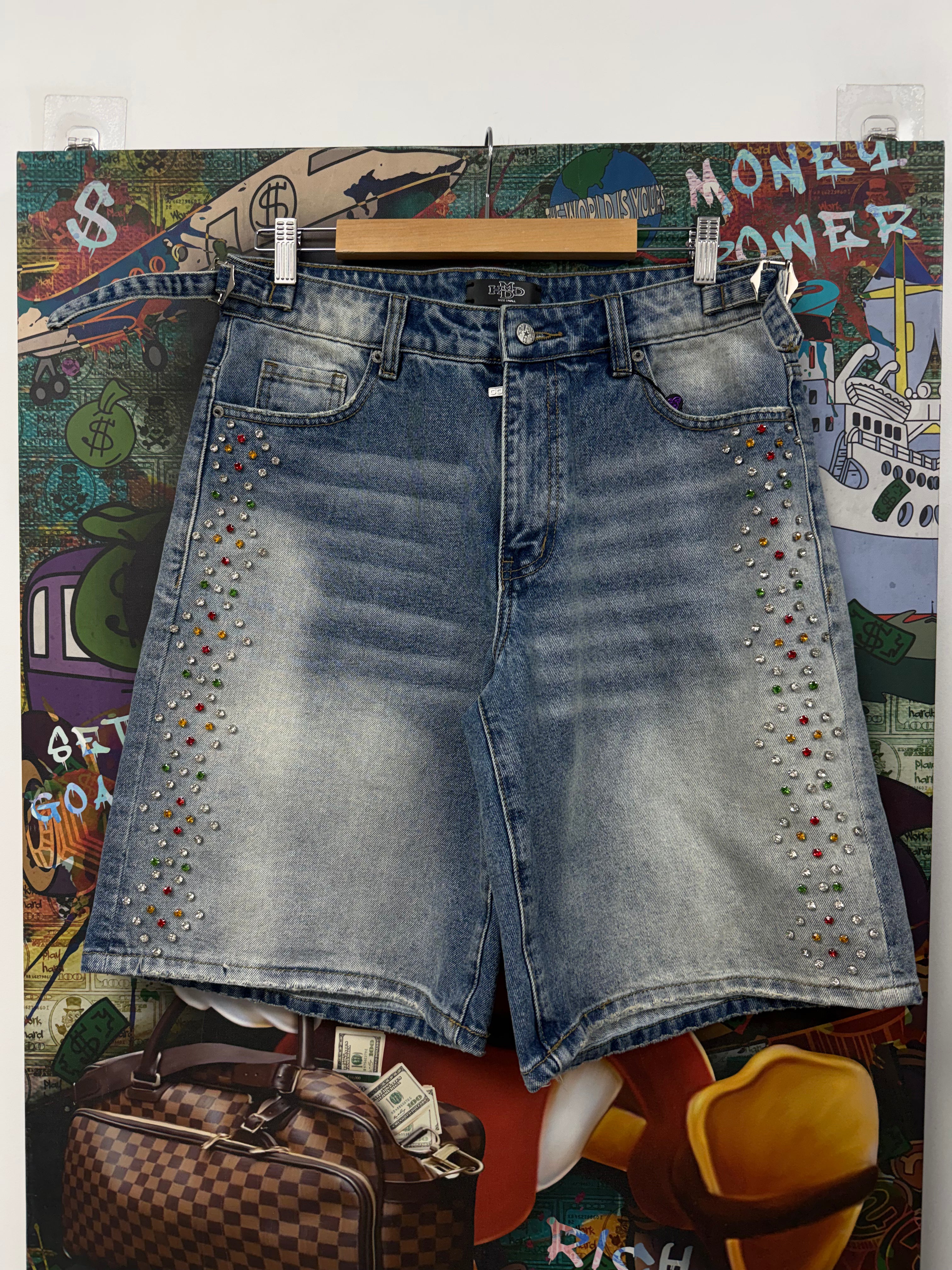 HMDD Light Wash Rhinestone Shorts