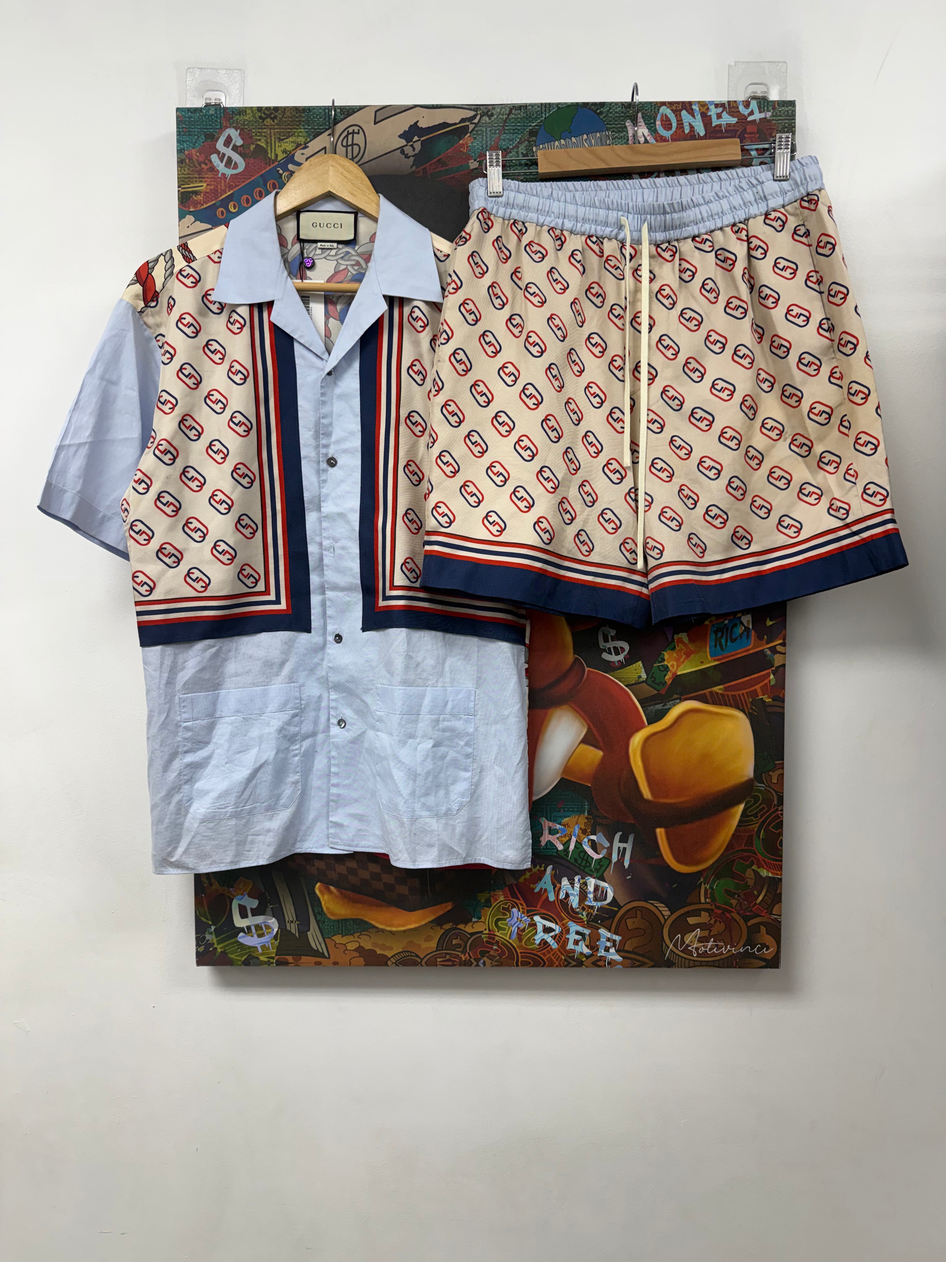Gucci Blue Red Chain Silk Button Up Set