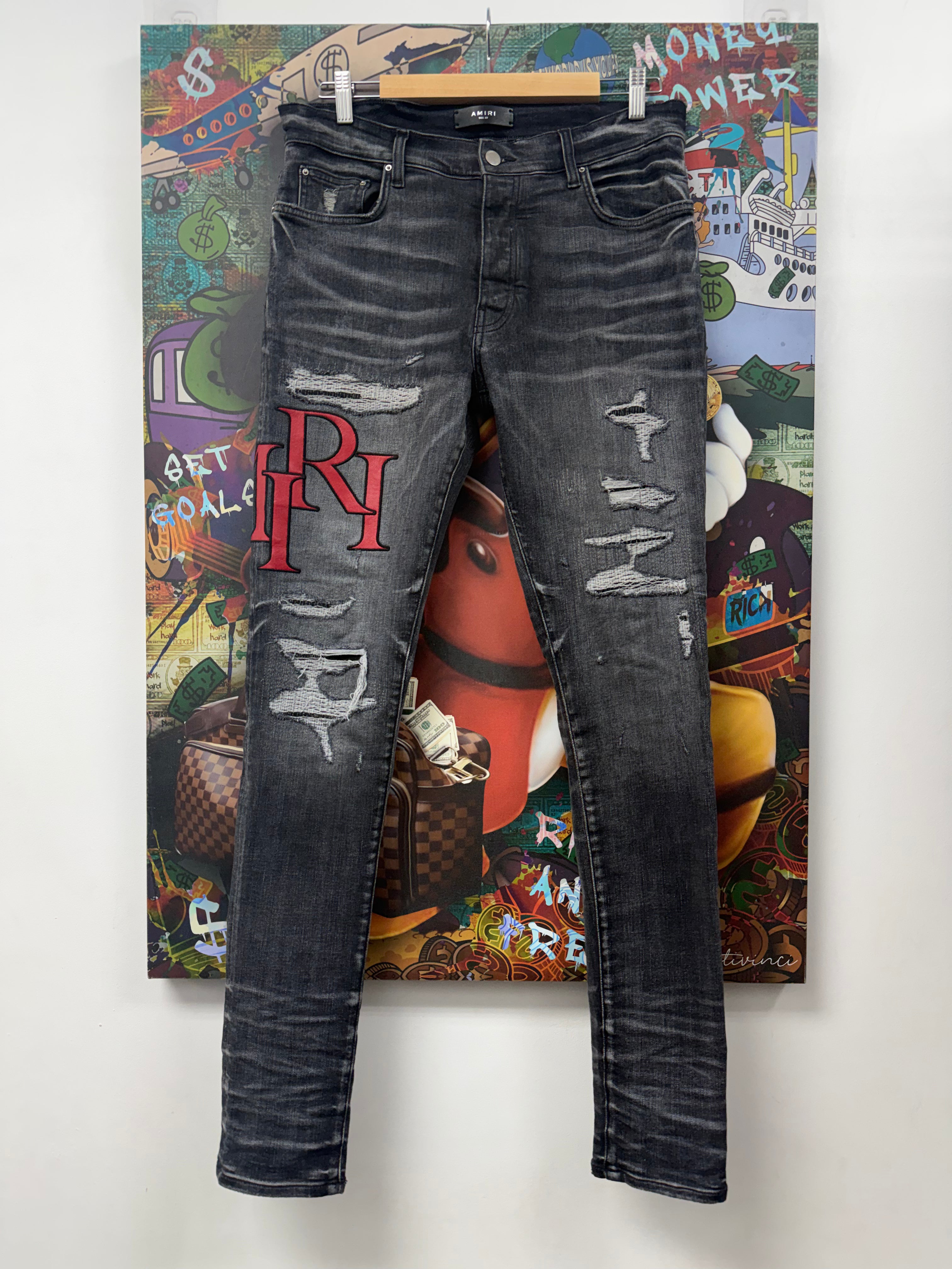 Chrome Hearts Black Red Staggered Logo Jeans