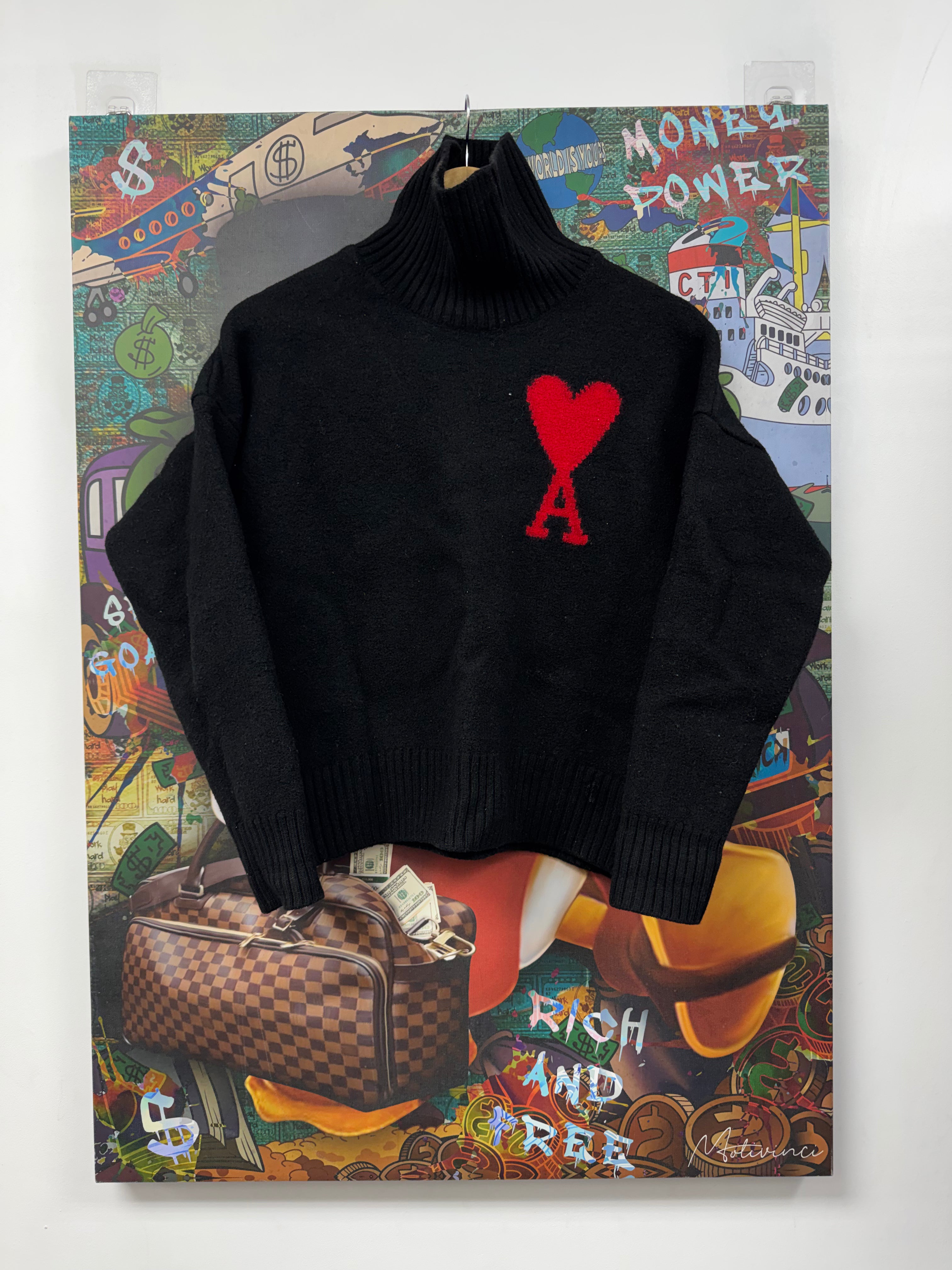 Ami Black Red Heart Turtle Neck Sweater