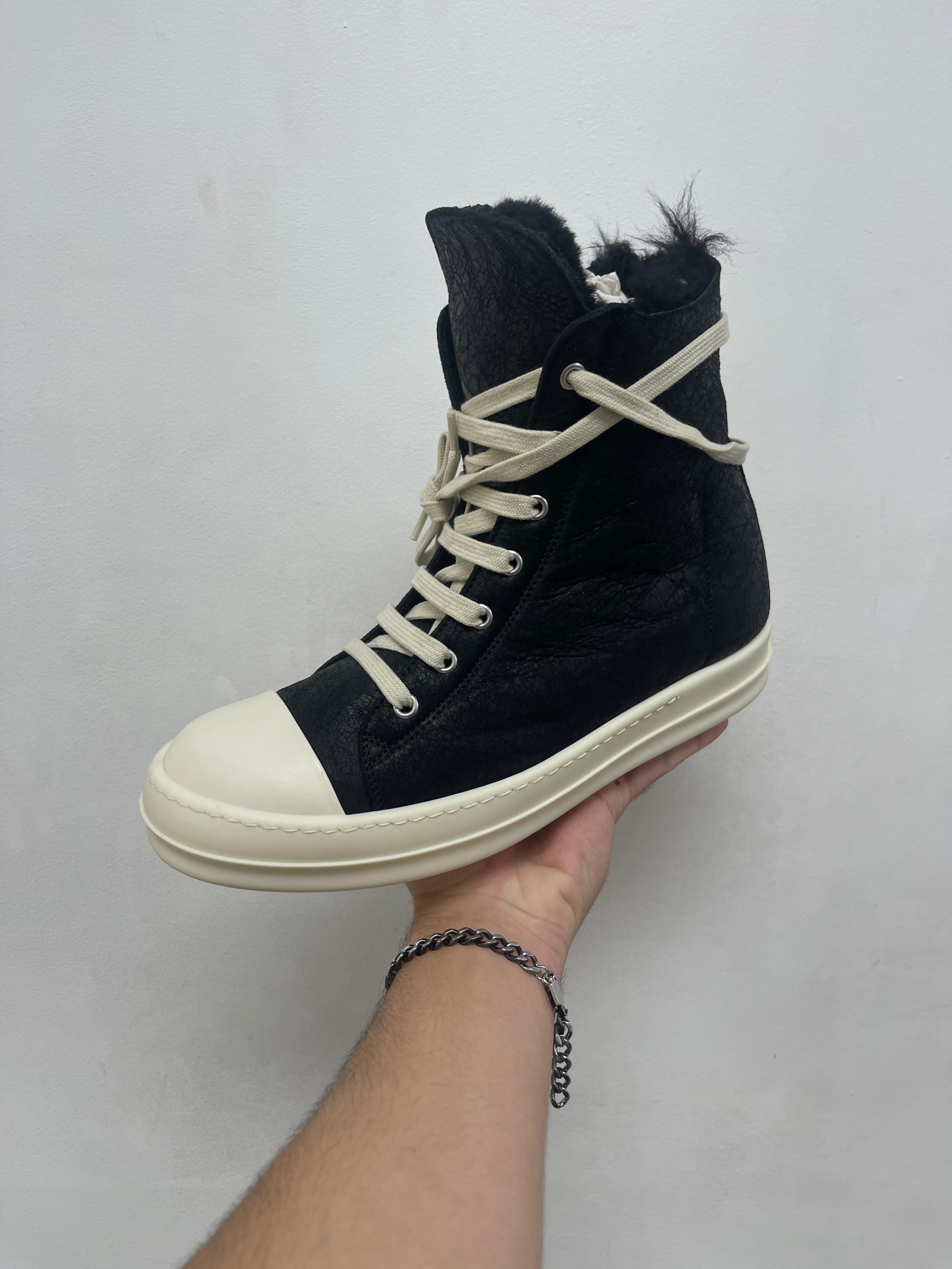 Rick Owens Black Milk Tumbled Leather Fur Inside Sneakers