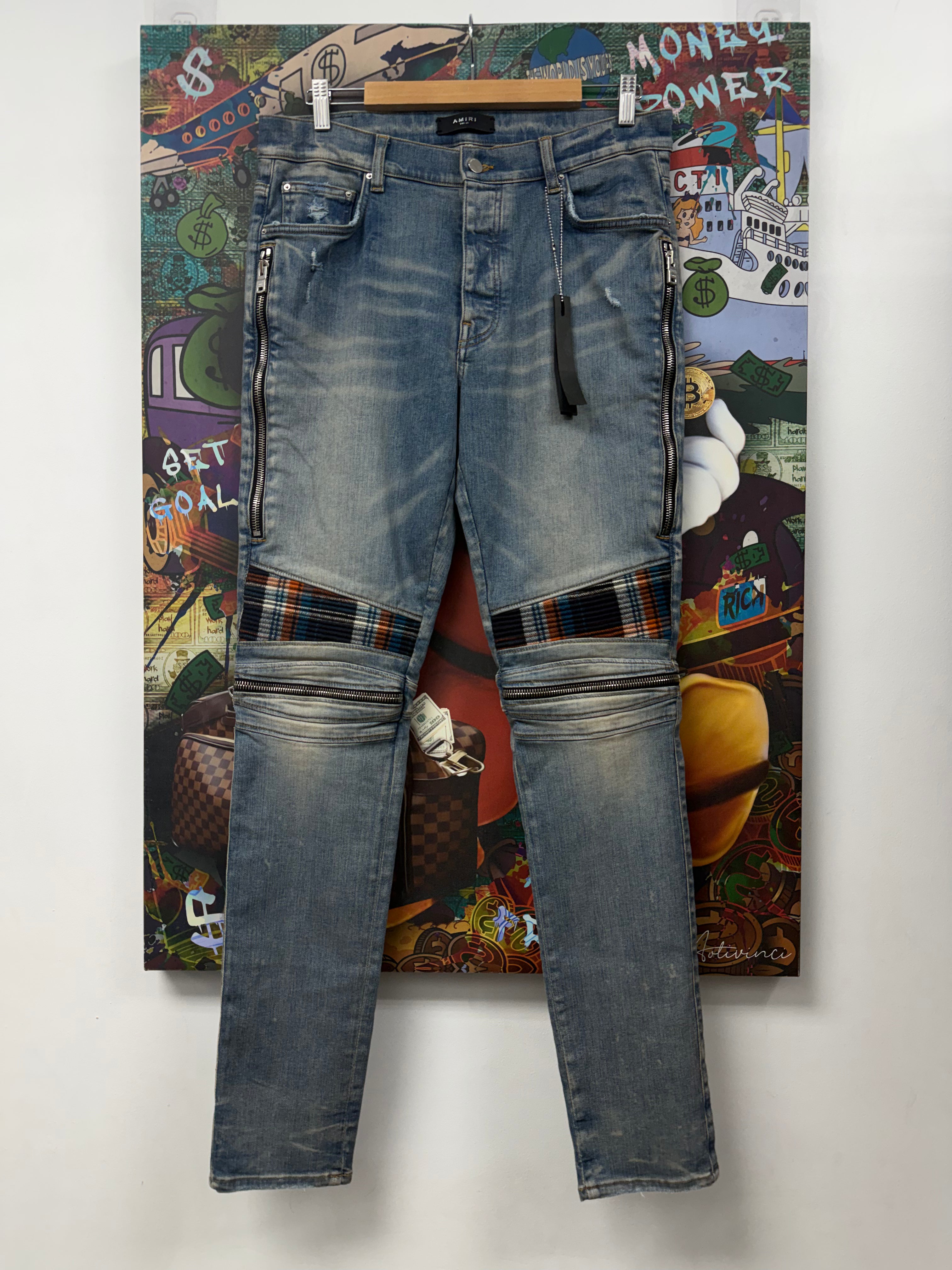 Amiri MX2 Light Wash Blue Orange Plaid Patch Jeans