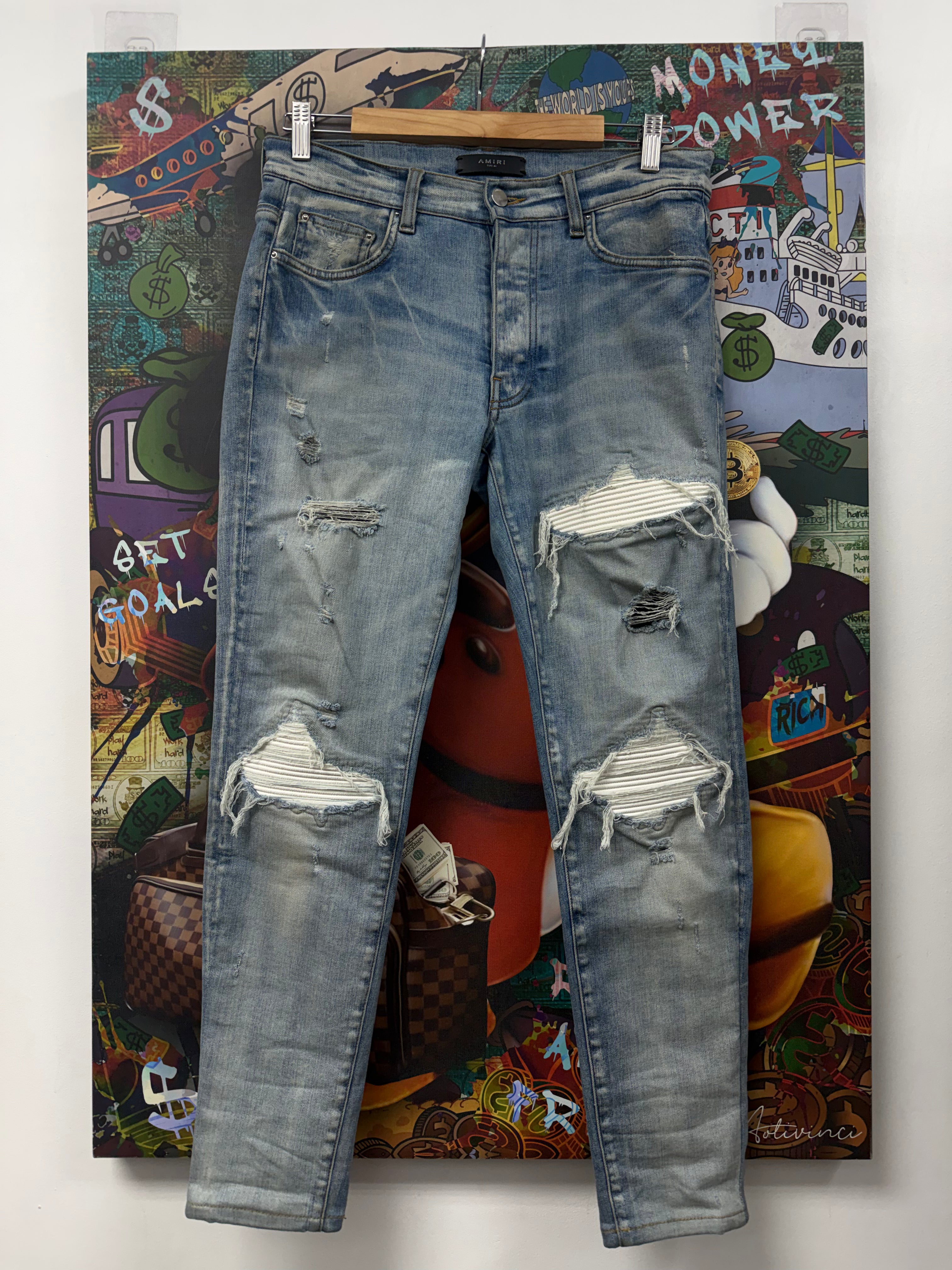 Amiri MX1 Light Wash White Leather Patch Jeans