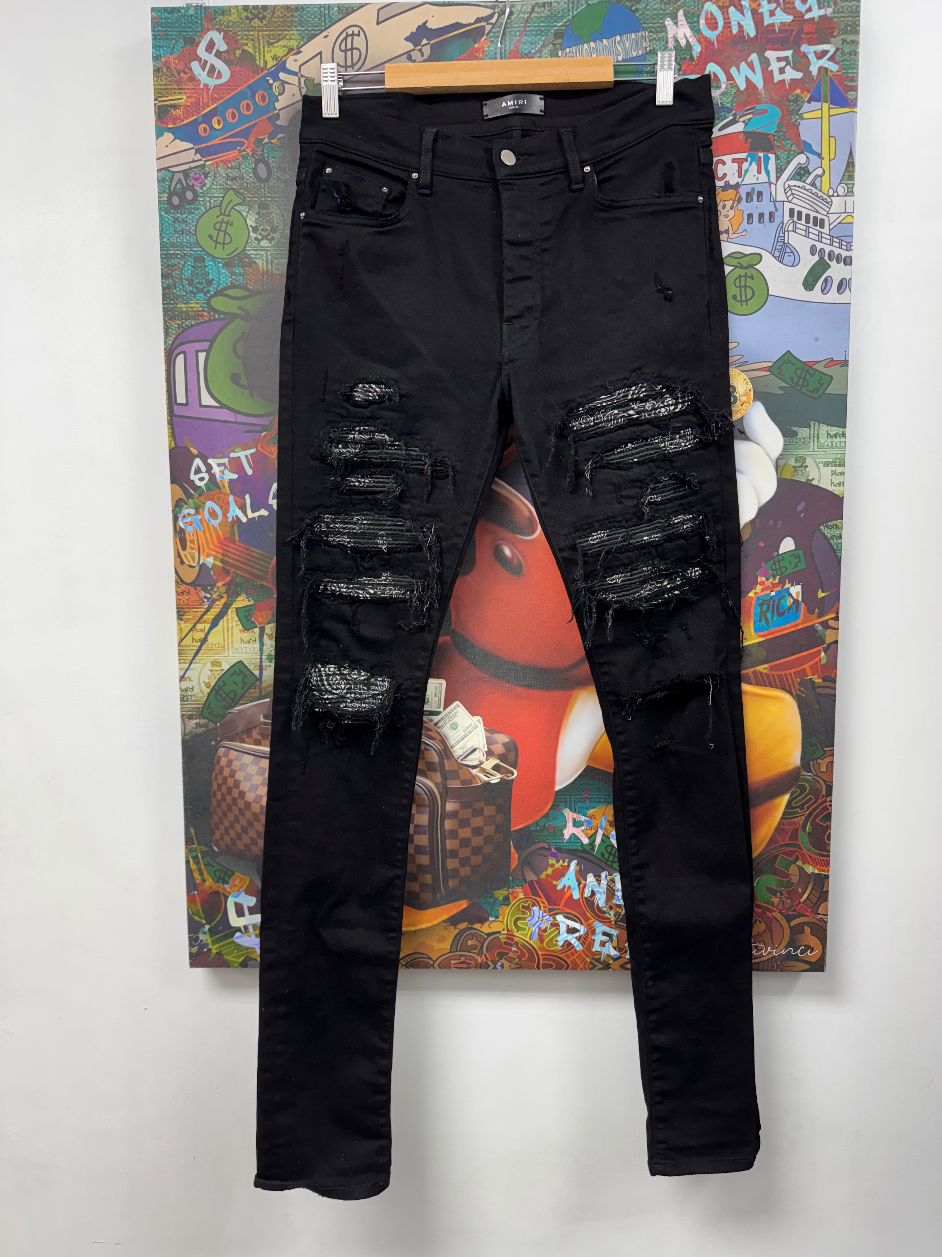 Amiri Black Paisley Thrasher Patch Jeans